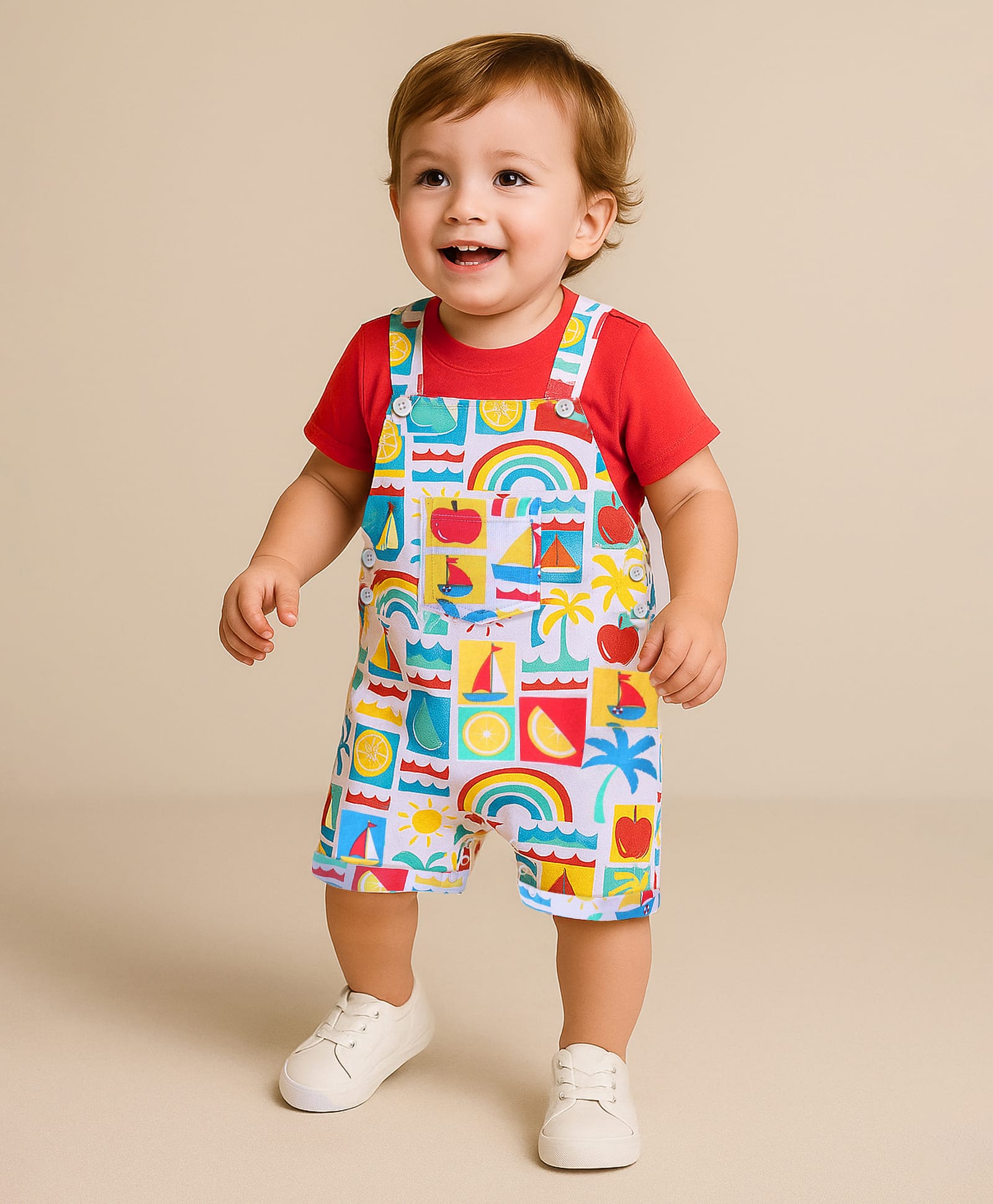 Babyhug Single Jersey Knit Dungaree & Half Sleeves T-Shirt with Boat Print -  Multiolour-picture-34