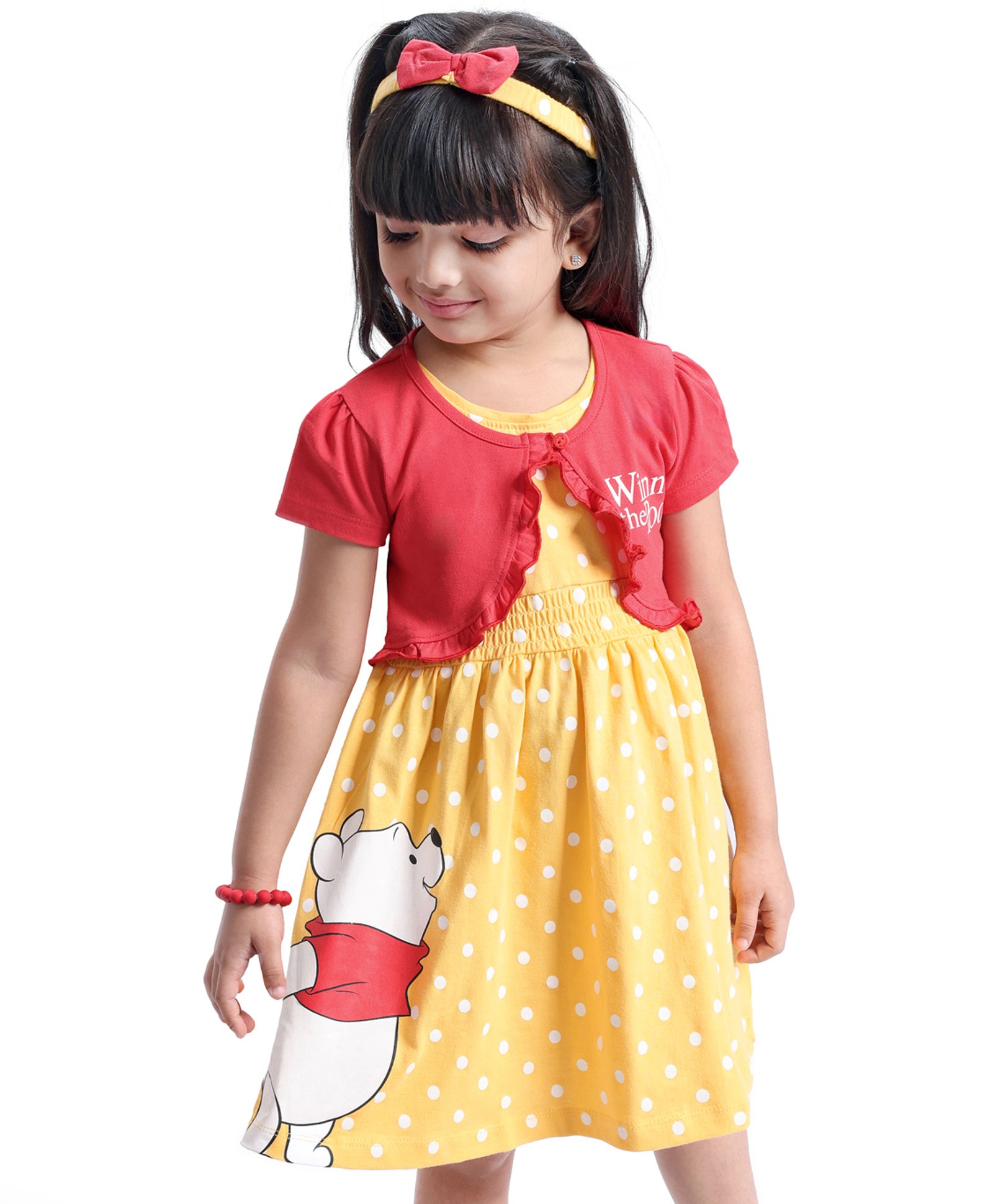 babyhug disney cotton knit winnie the pooh graphics frock with half sleeves shrug & headband - red & yellow