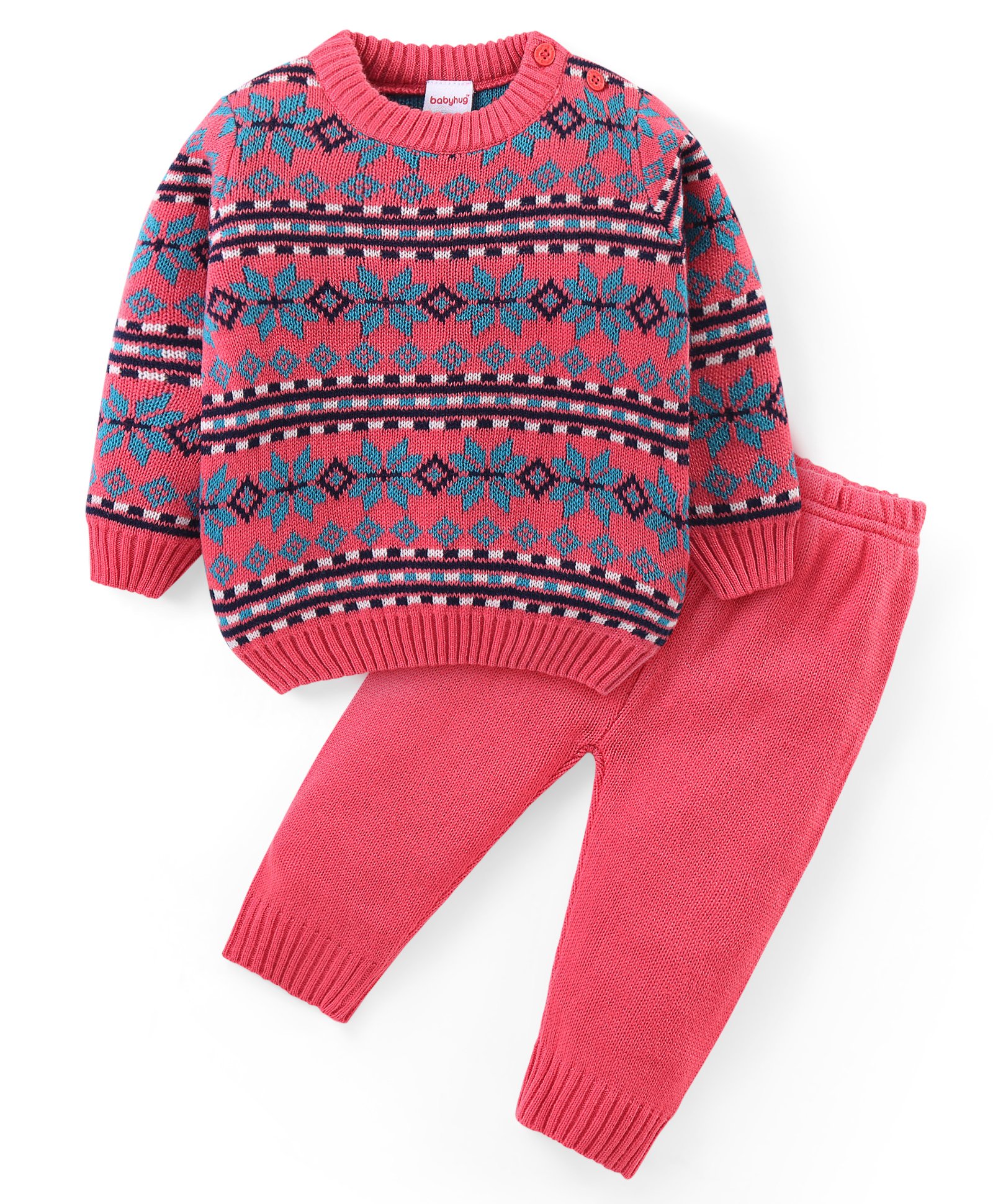 Babyhug Knit Full Sleeves Pullover Sweater & Pant Set Intarsia Design - Pink-image-40