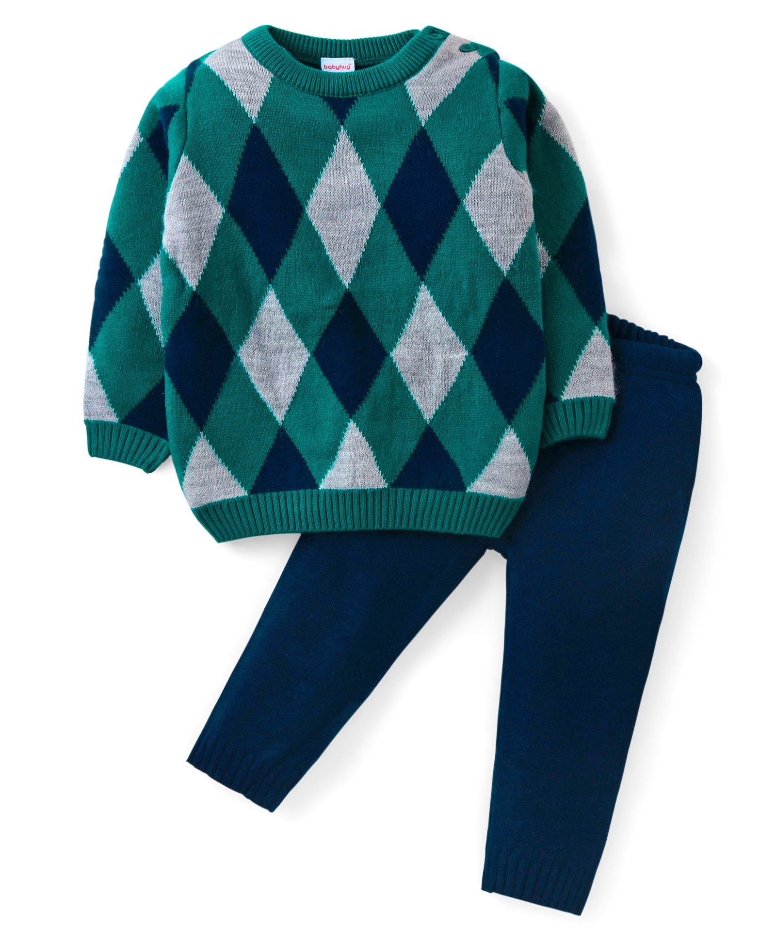 Babyhug Knit Full Sleeves Pullover Sweater & Pant Set Argyle Design - Green-image-35