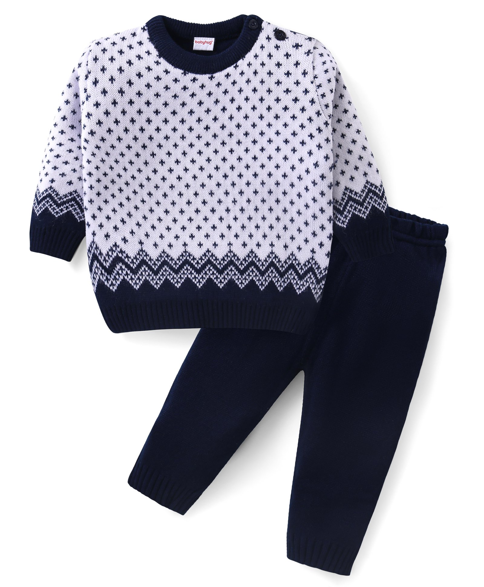 Babyhug Knit Full Sleeves Pullover Sweater & Pant Set Chevron Design - Navy Blue