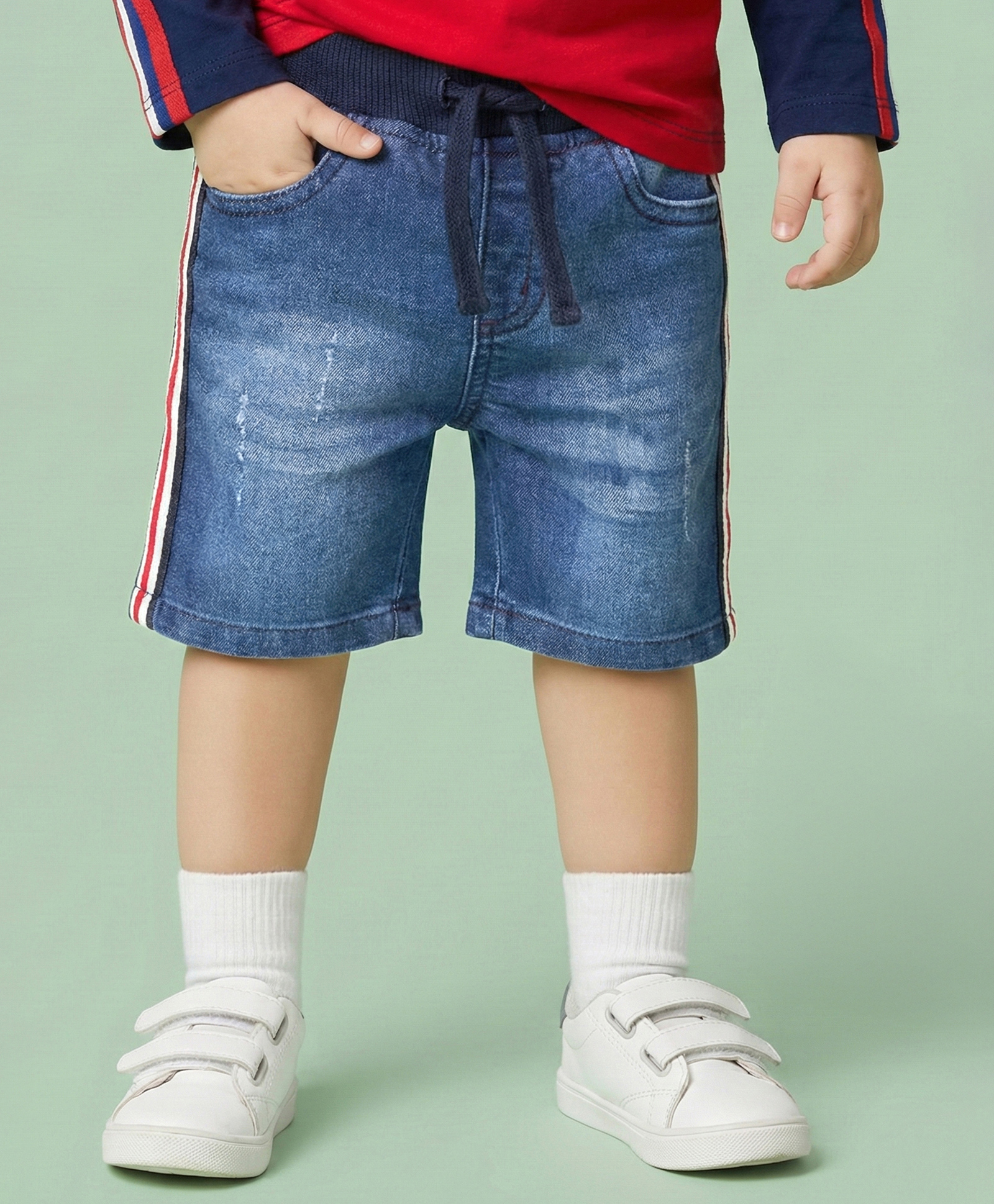 Babyhug Mid Thigh Length Denim Washed  Shorts with Stretch - Blue-image-13