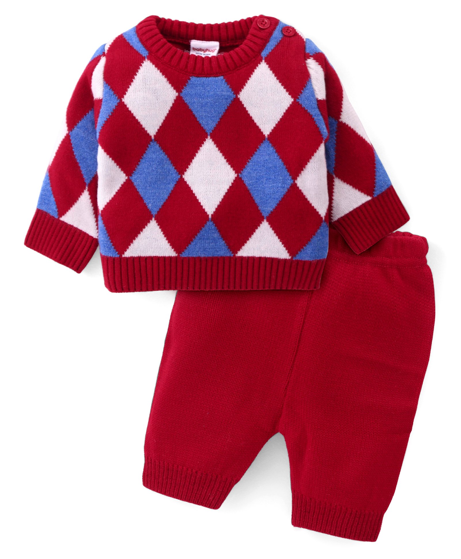 Babyhug Knitted Full Sleeves Pullover Sweater Set With Argyle Design - Red-image-46