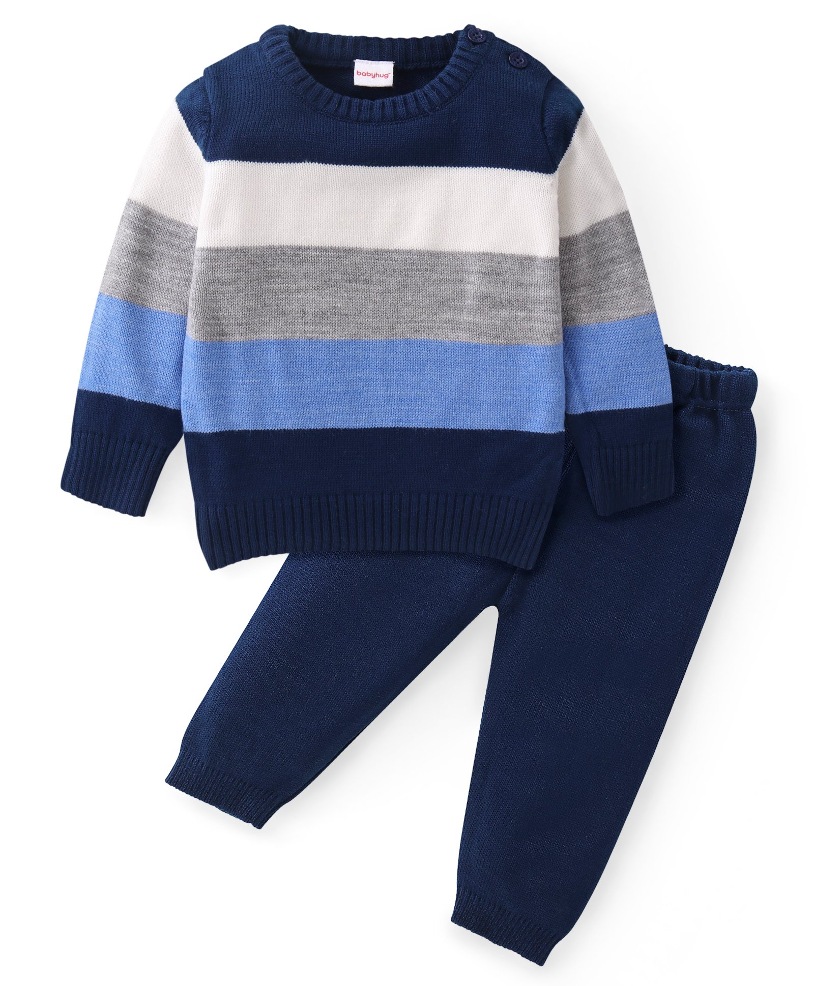Babyhug Knit Full Sleeves Striped Sweater & Pant Set - Blue-picture-24