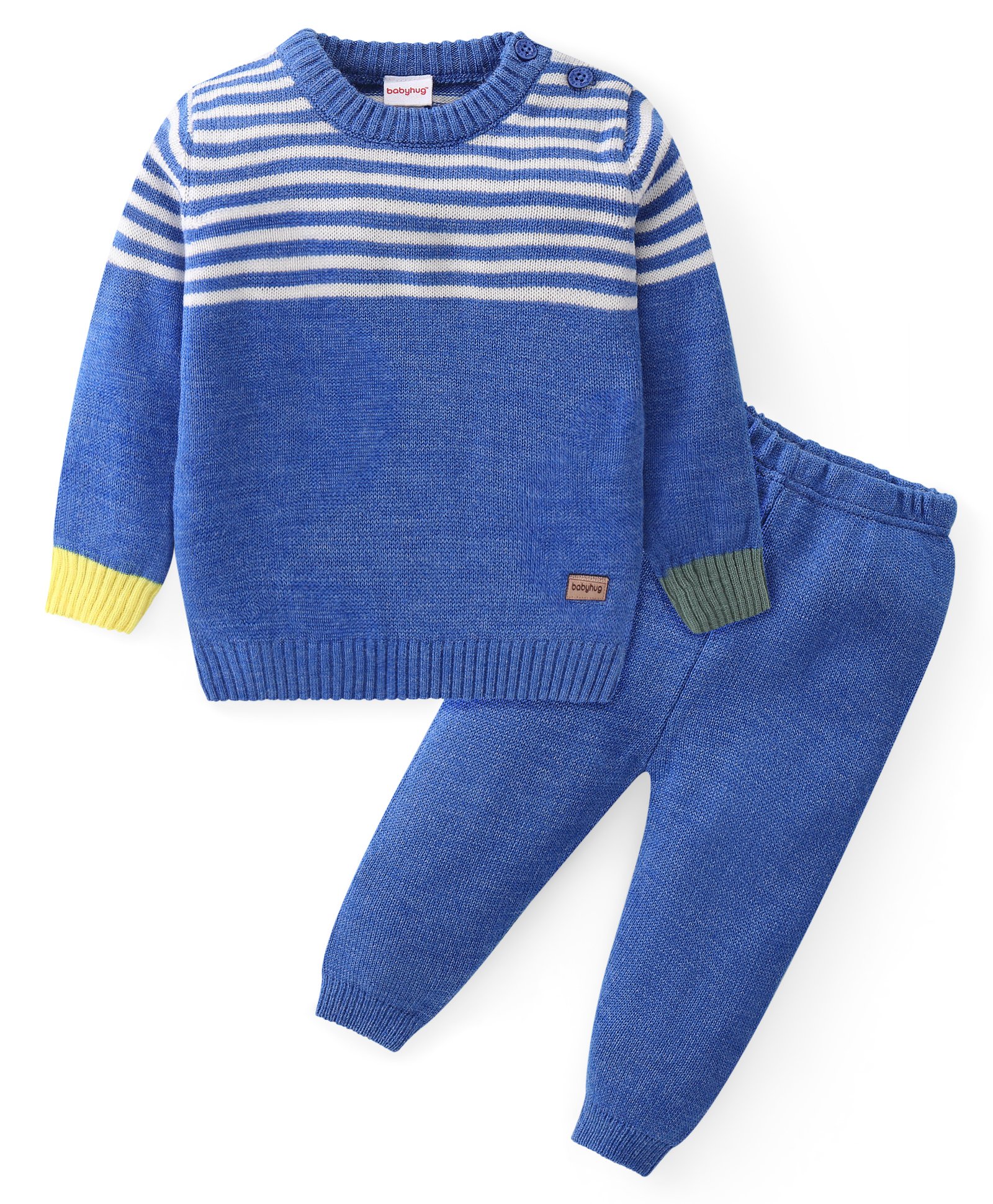 Babyhug Knit Full Sleeves Striped Sweater & Pant Set - Blue-picture-10