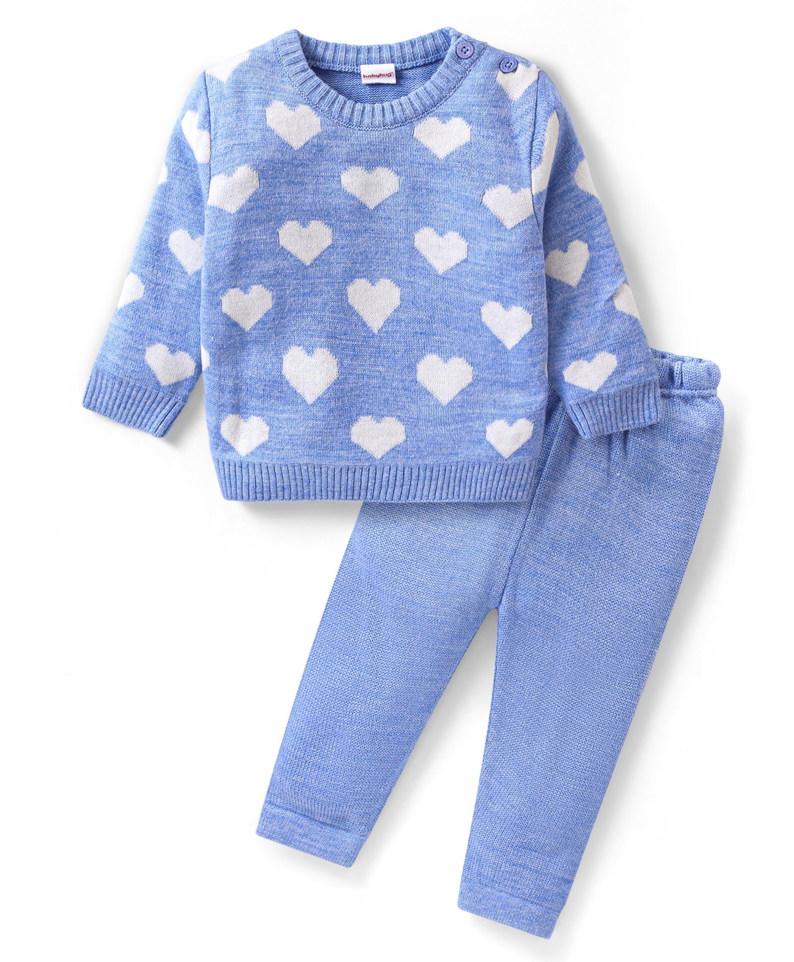 Babyhug Knit Full Sleeves Pull Over Sweater Set with Heart Design - Light Blue-image-12