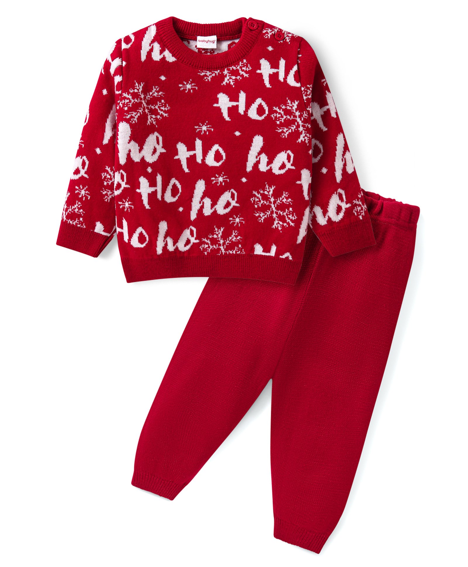 Babyhug Knit Full Sleeves Pull Over Sweater Set with Snowflakes Design - Red-picture-26