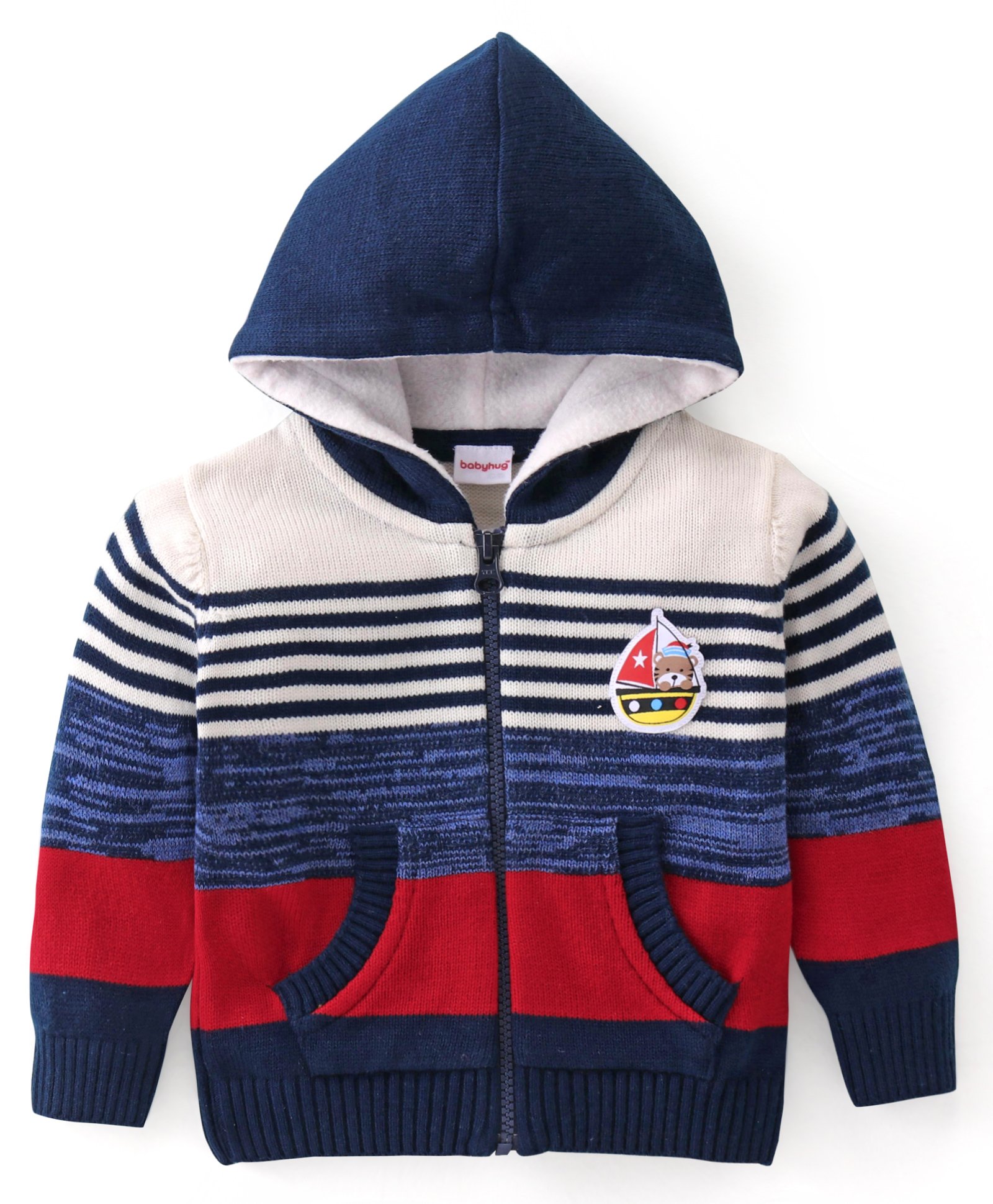 Babyhug Knitted Full Sleeves Hooded Sweater Stripes & Boat Patch - Red Blue & White-image-30