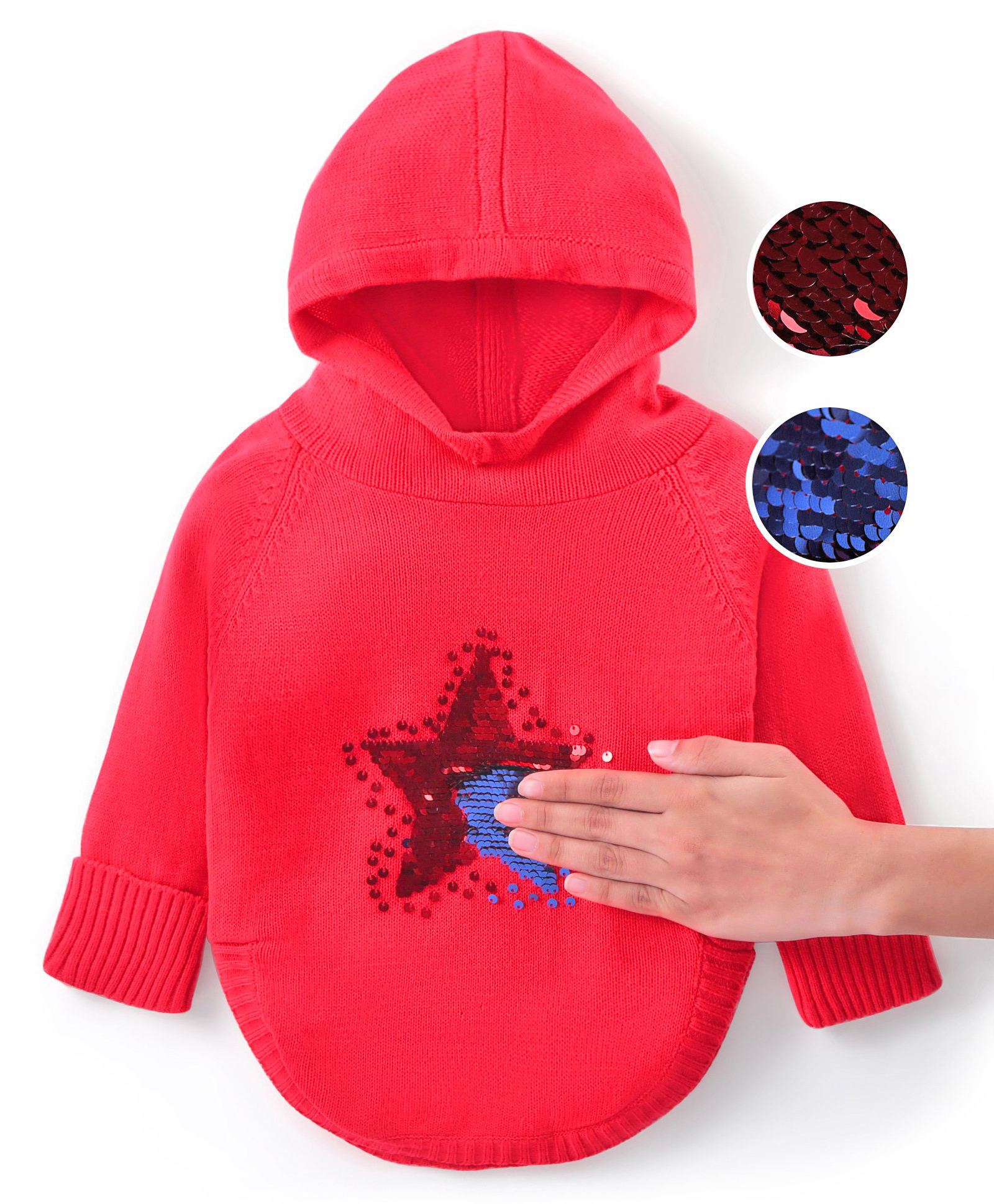 Babyhug Knitted Raglan Sleeves Hooded Sweater with Reversible Star Sequin Design - Coral-picture-24