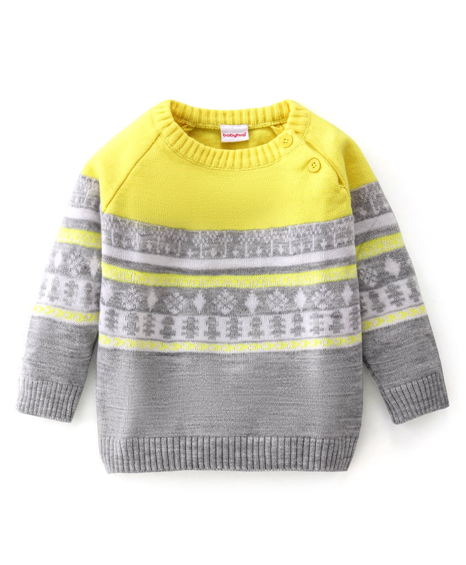 Babyhug Knit Full Sleeves Pullover Sweater - Yellow & Grey-image-14