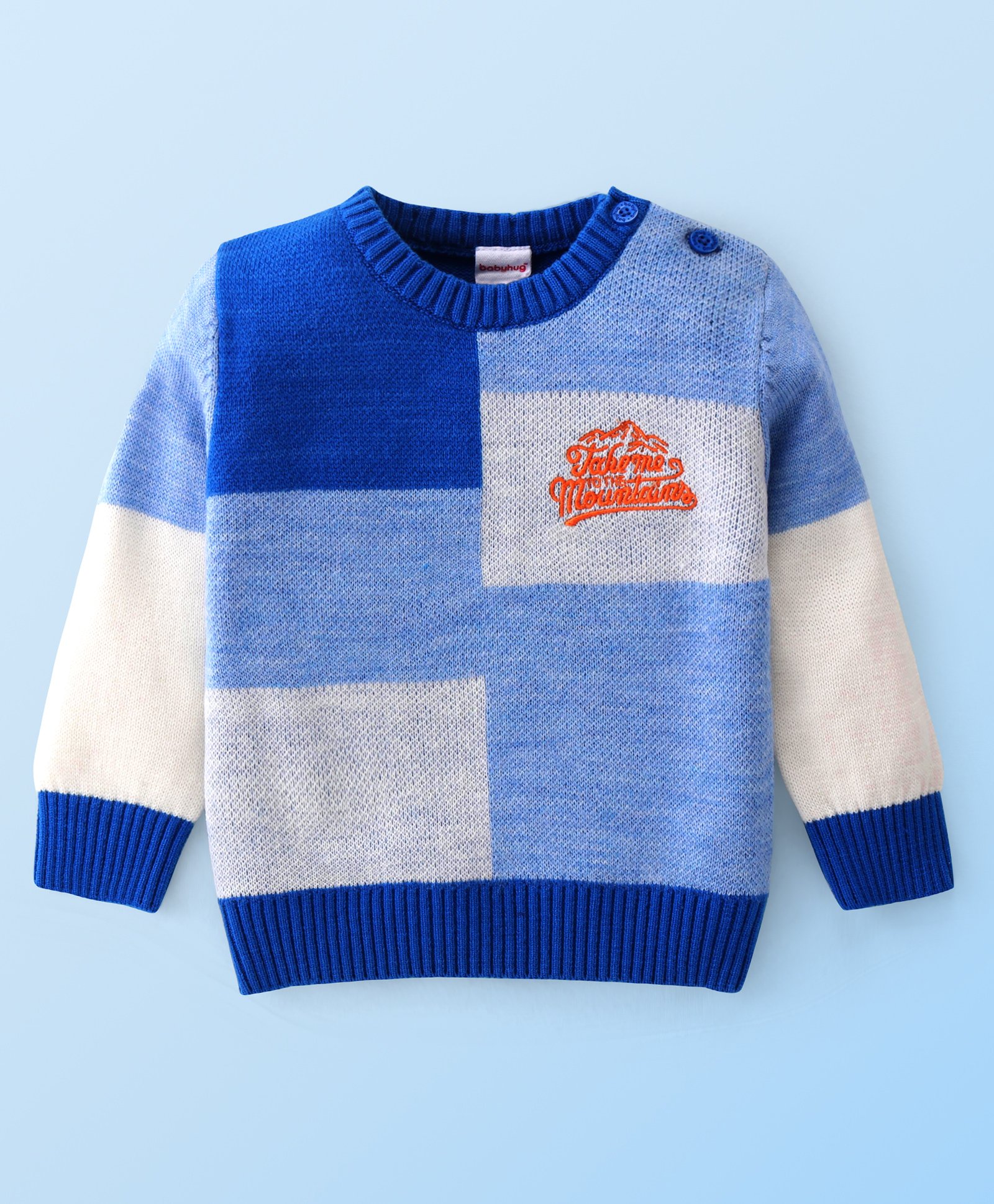 Babyhug Knitted Full Sleeves Color Blocked Sweater Text Embroidery - Blue-image-39