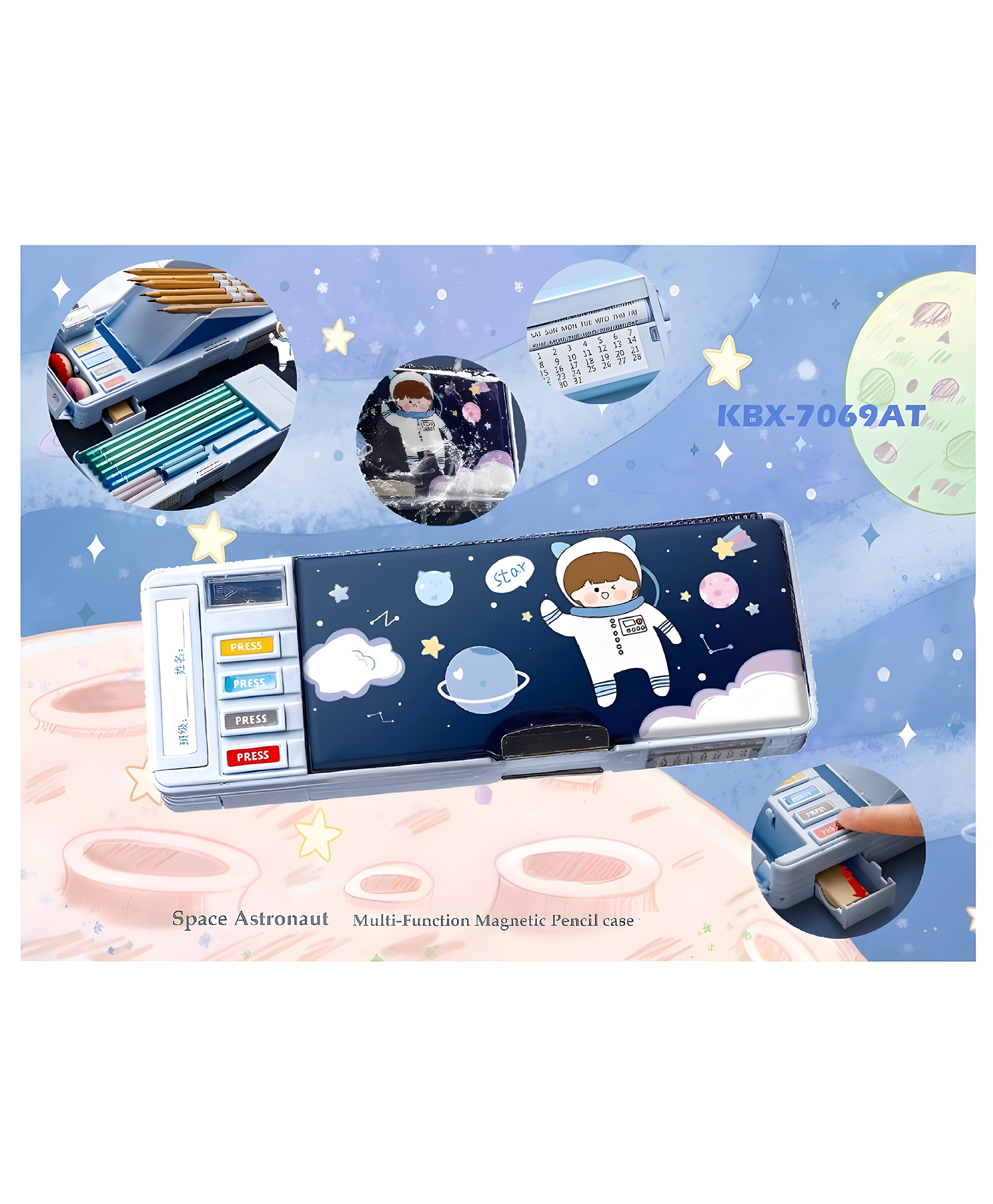 YAMAMA Space Astronaut Theme Multifunctional Pencil Magnetic Box High Tech Creative Cartoon Stationery Box Space Double Layer Large Capacity Double Sided Pencil Box For Kids - Multicolor-image-35