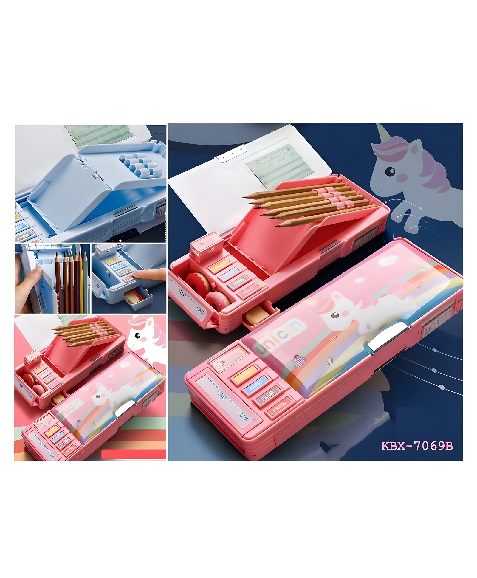 YAMAMA Cute Unicorn Design Multifunctional Pencil Magnetic Box High Tech Creative Cartoon Stationery Box Built-in Pen Stand Push Button Enabled Storages  Multicolor-image-23