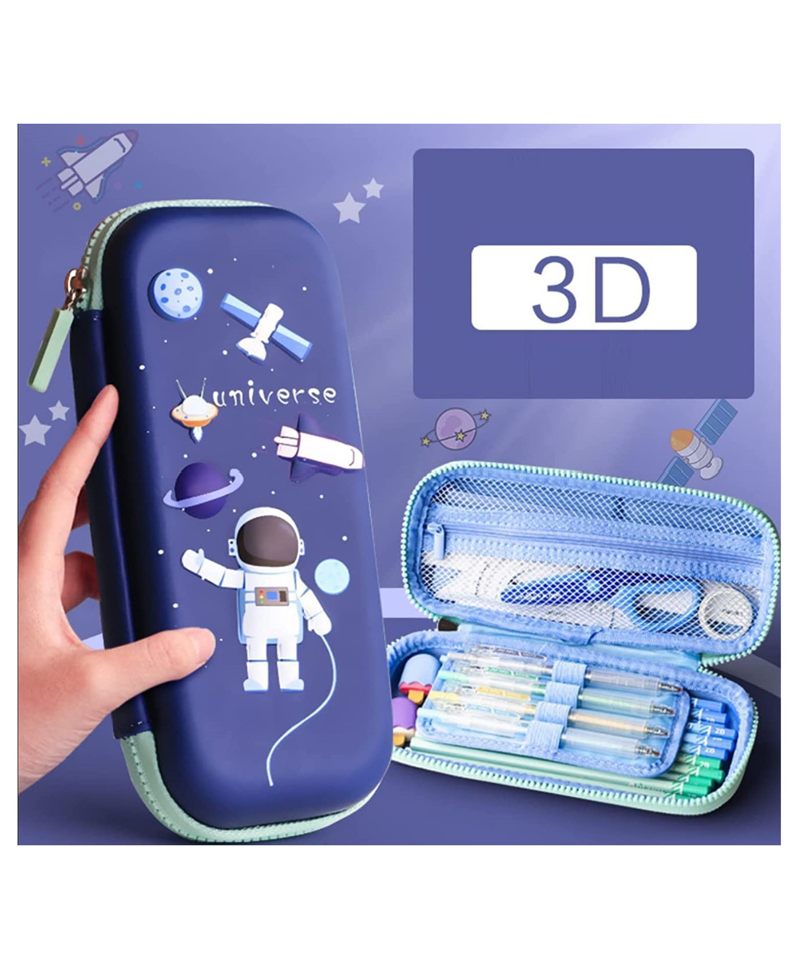 YAMAMA Space And Astronaut Theme 3D Premium Design Multi-function Pencil Pouch With Stylish Zipper Closure Pouch Waterproof Hardtop Fabric Adorable Student Stationery Handheld Storage Case Bag EVA Material Pencil Box Pouch  Multicolor-image-24