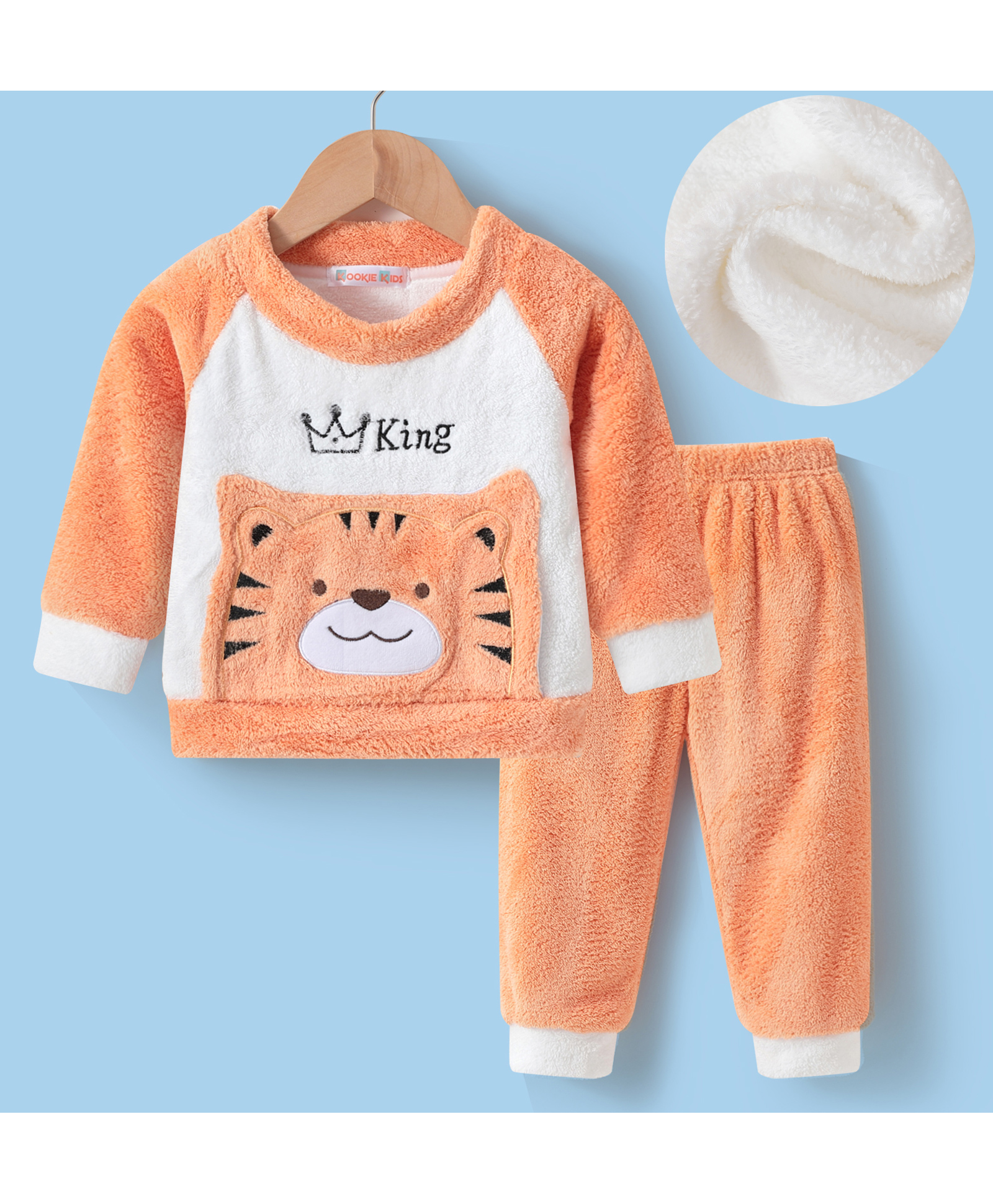 Kookie Kids Raglan Full Sleeves Tiger Embroidery Winter Night Suit - Orange-image-31