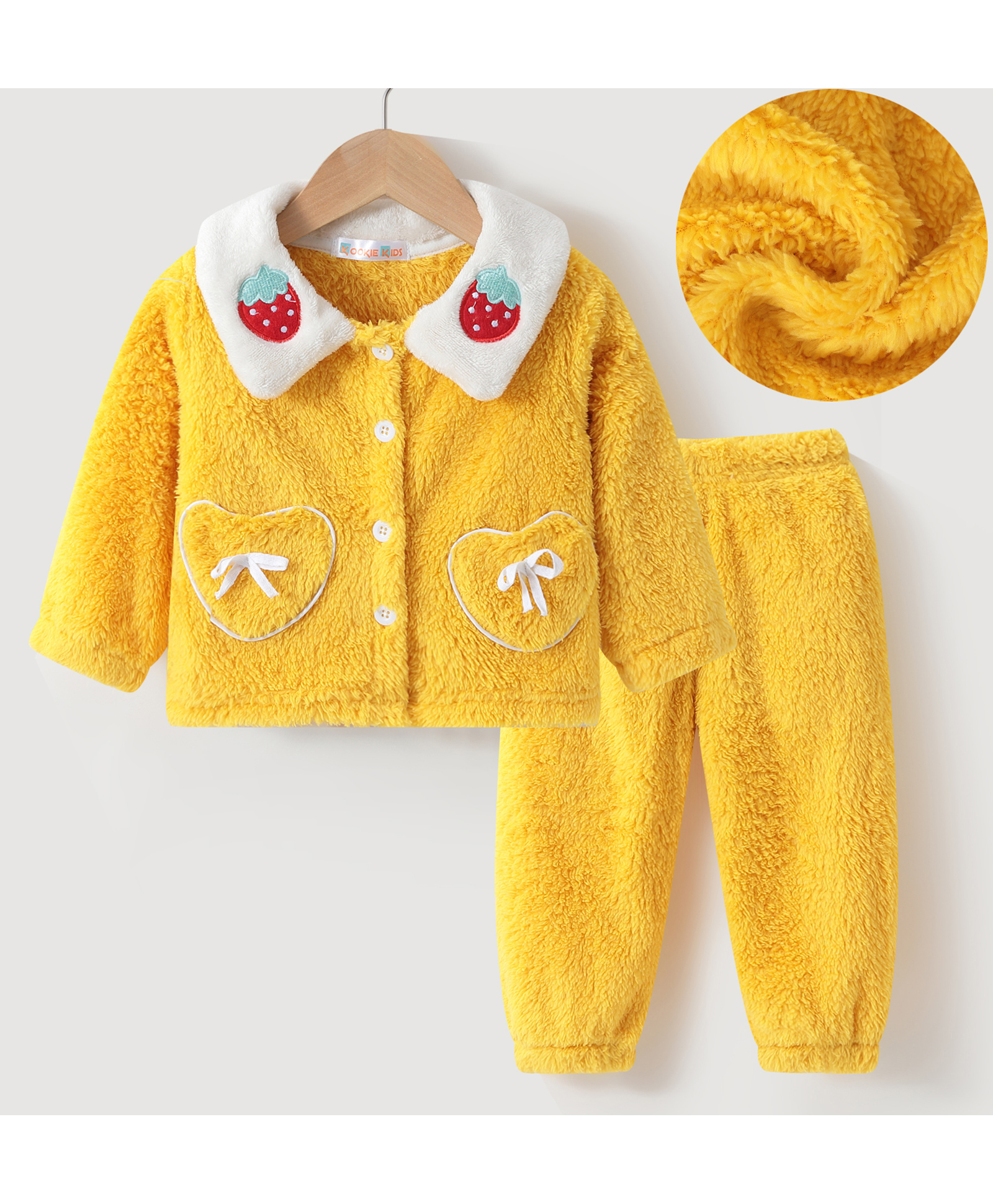 Kookie Kids Full Sleeves Winter Wear Night Suit With Strawberry  Print- Yellow-image-9