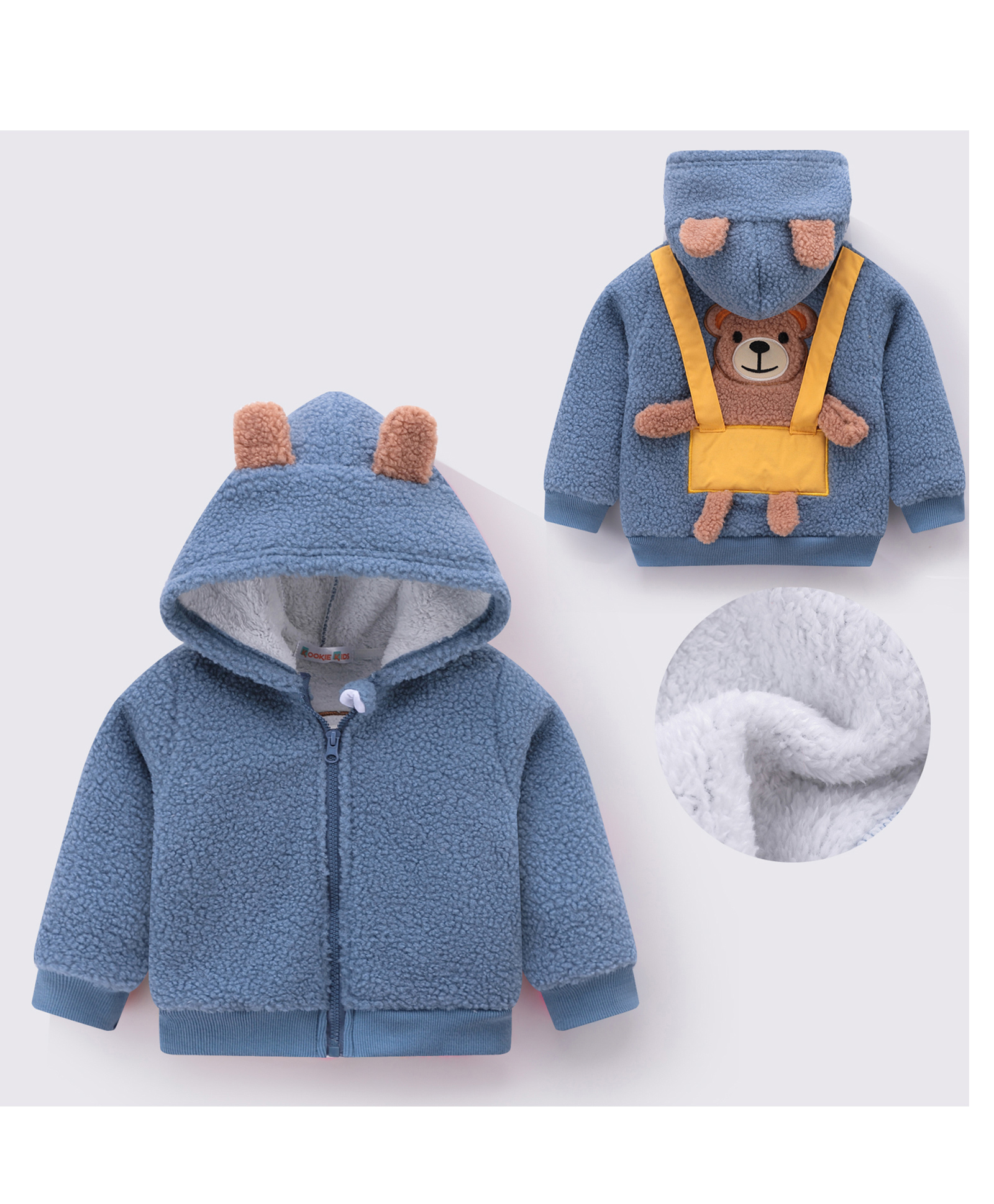 Kookie Kids Full Sleeves Hooded Sweatjacket Teddy Bear Applique At Back - Blue-image-2