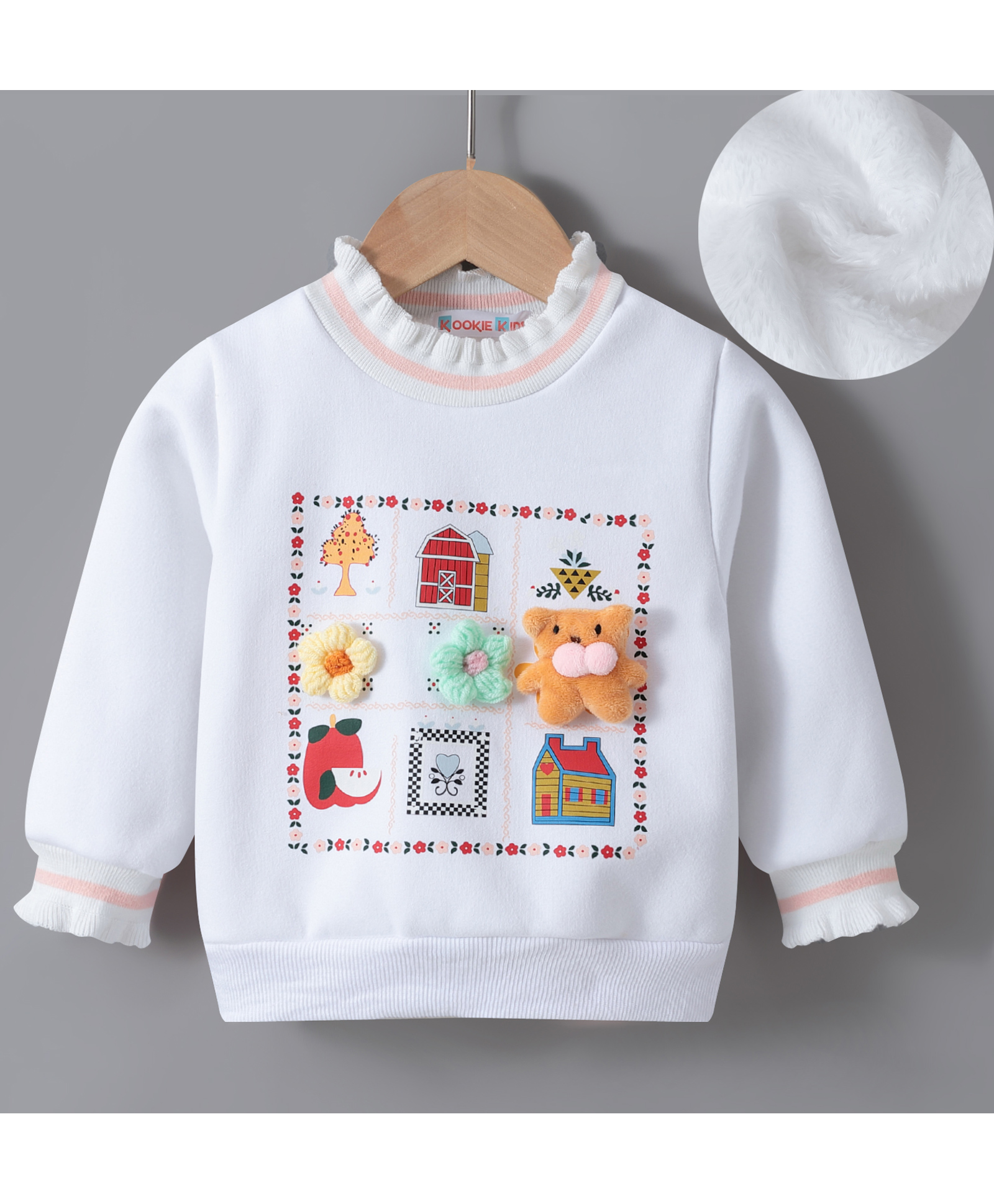 Kookie Kids Full Sleeves Sweatshirt with Teddy Bear Applique - White-picture-32