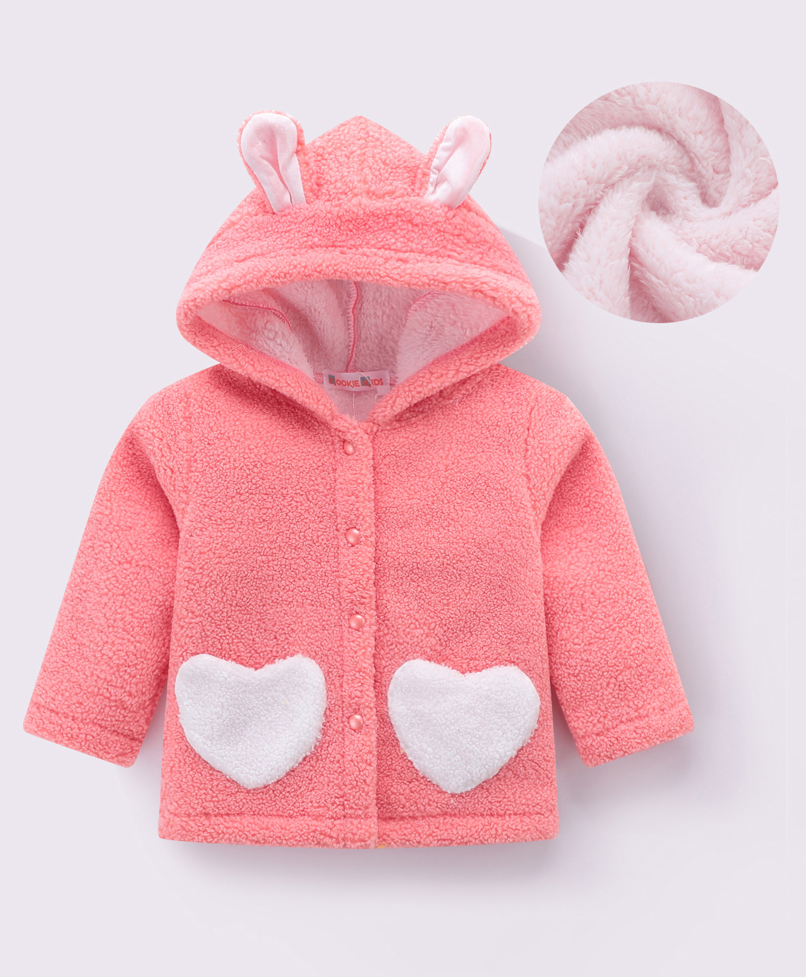 Kookie Kids Full Sleeves Solid Color Hooded Jacket With Bunny Ears Applique & Heart Design - Pink-image-6