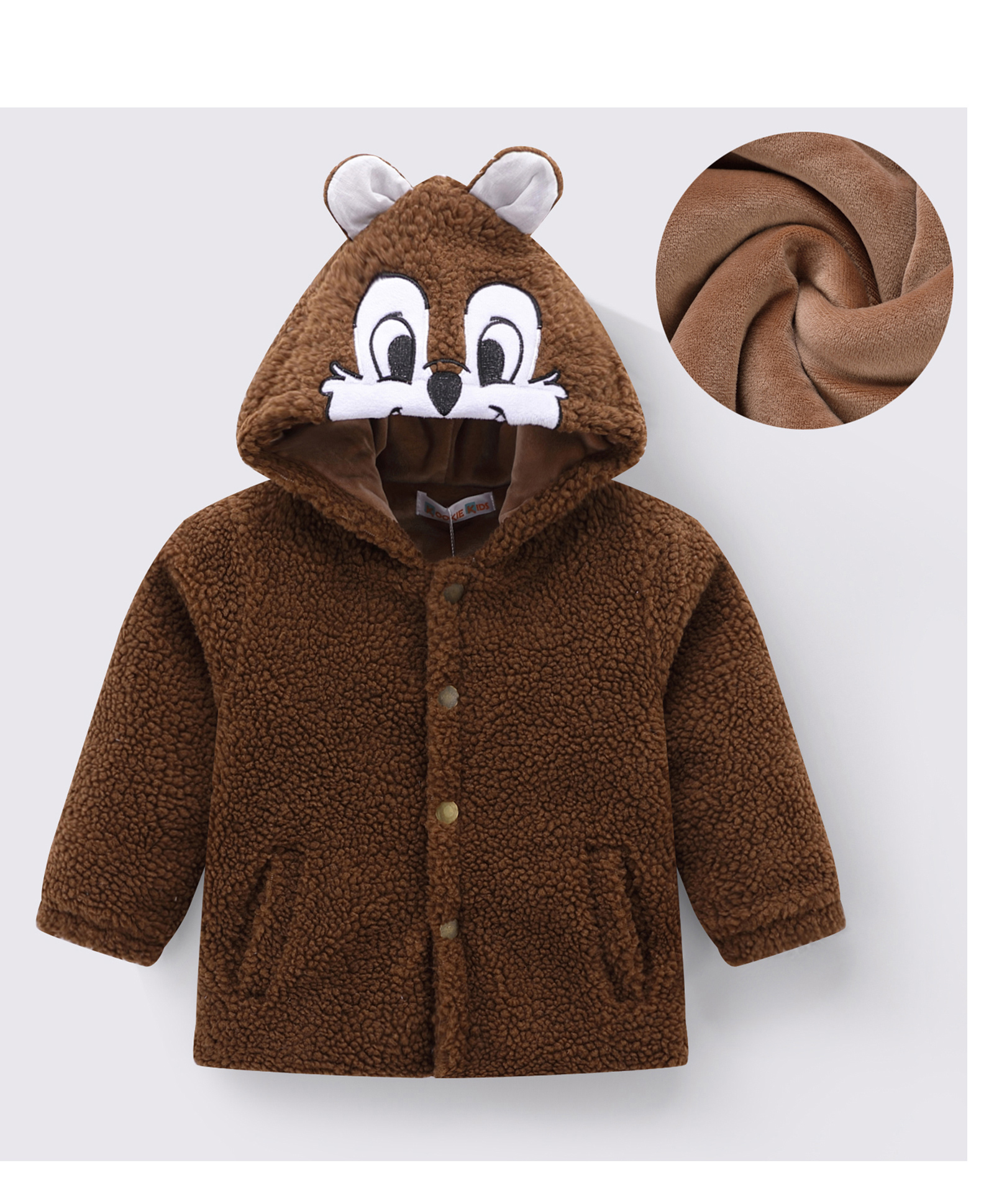 Kookie Kids Full Sleeves Solid Color Hooded Jacket With Bunny Ears Applique - Brown-image-10