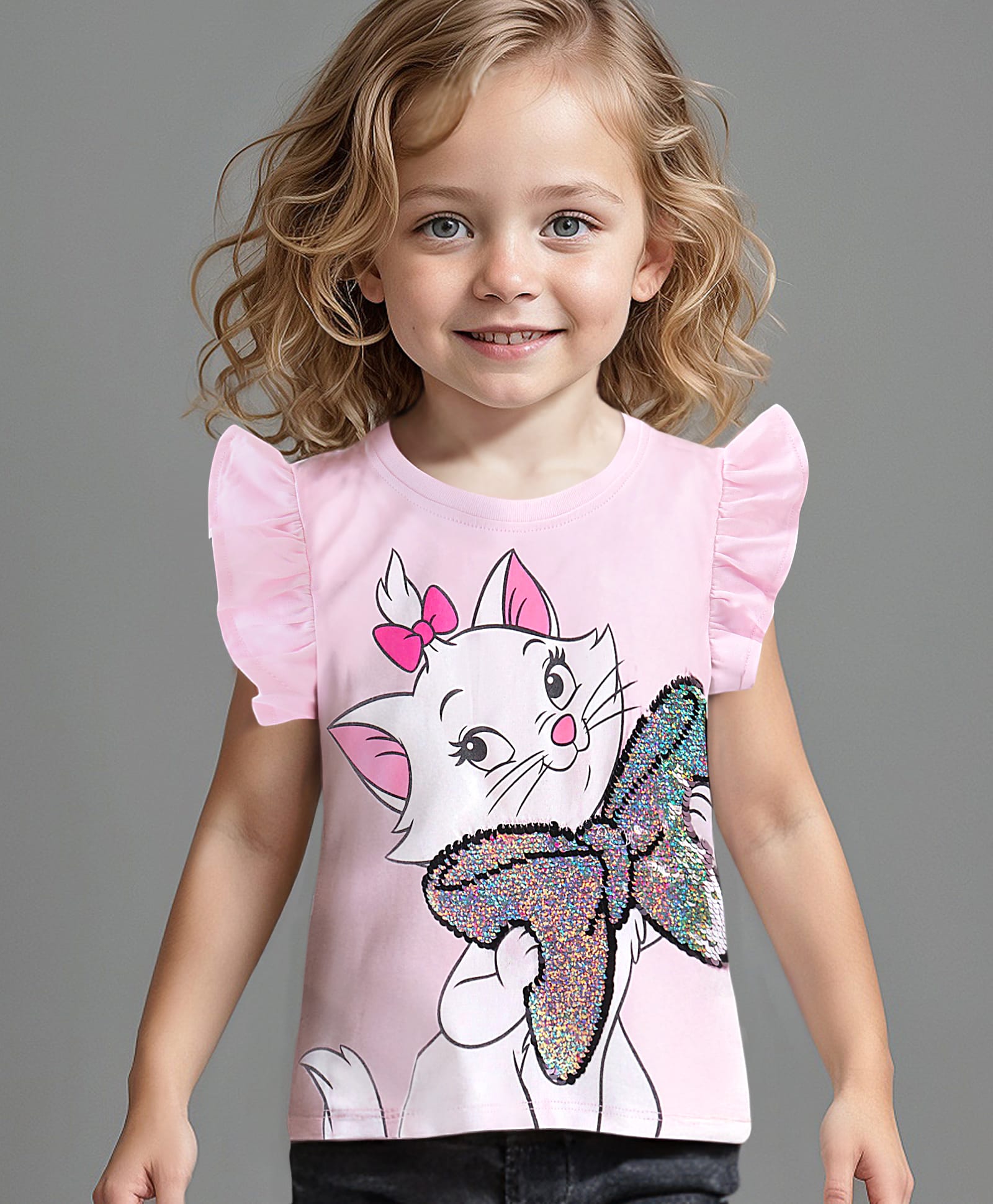 Babyhug Disney Cotton Knit Frill Sleeves Top with Marie Graphics - Pink-picture-32