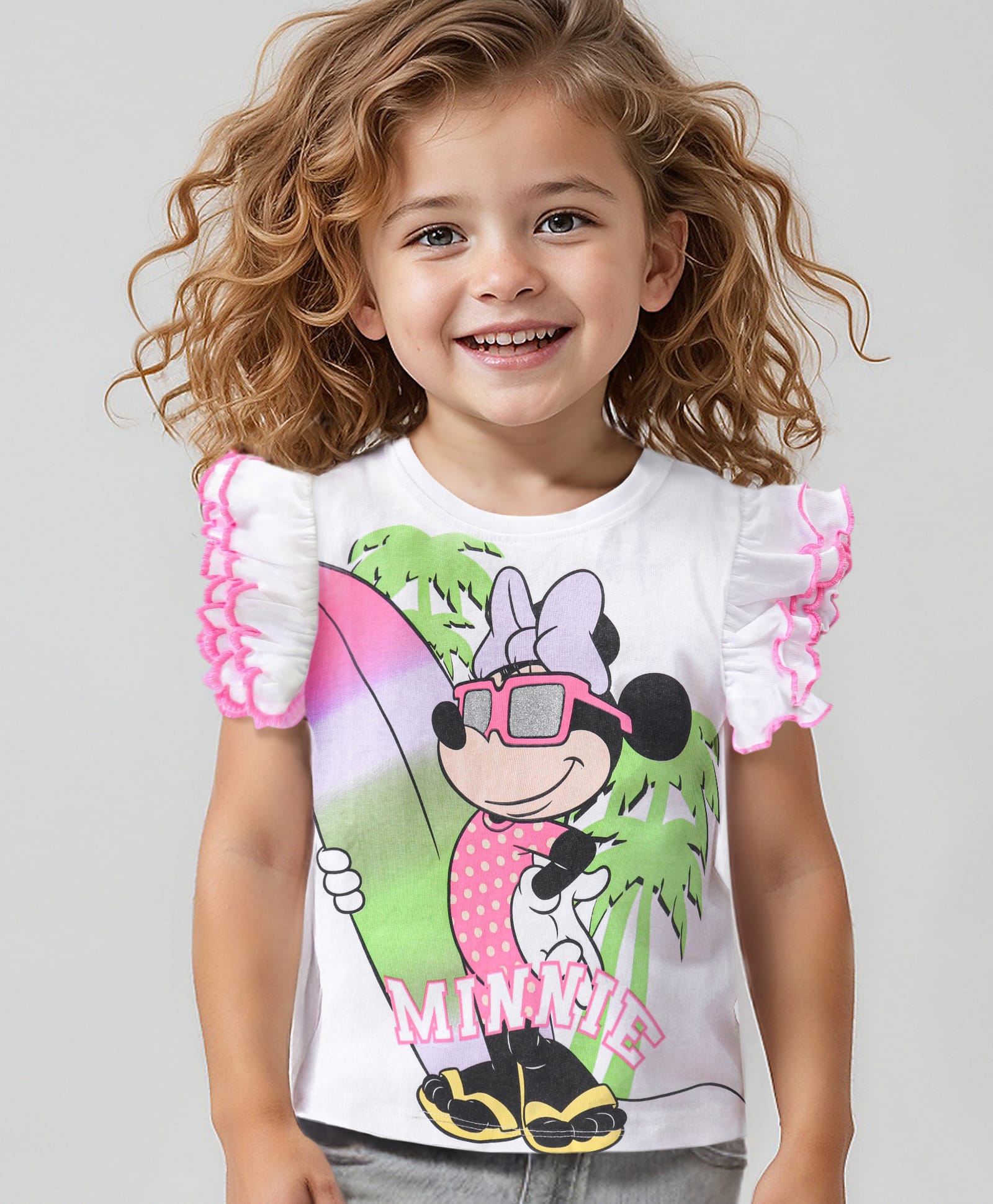 Babyhug Disney Cotton Knit Frill Sleeves T-Shirt with Minnie Mouse Graphics Print and Glitter Graphics - White-picture-20