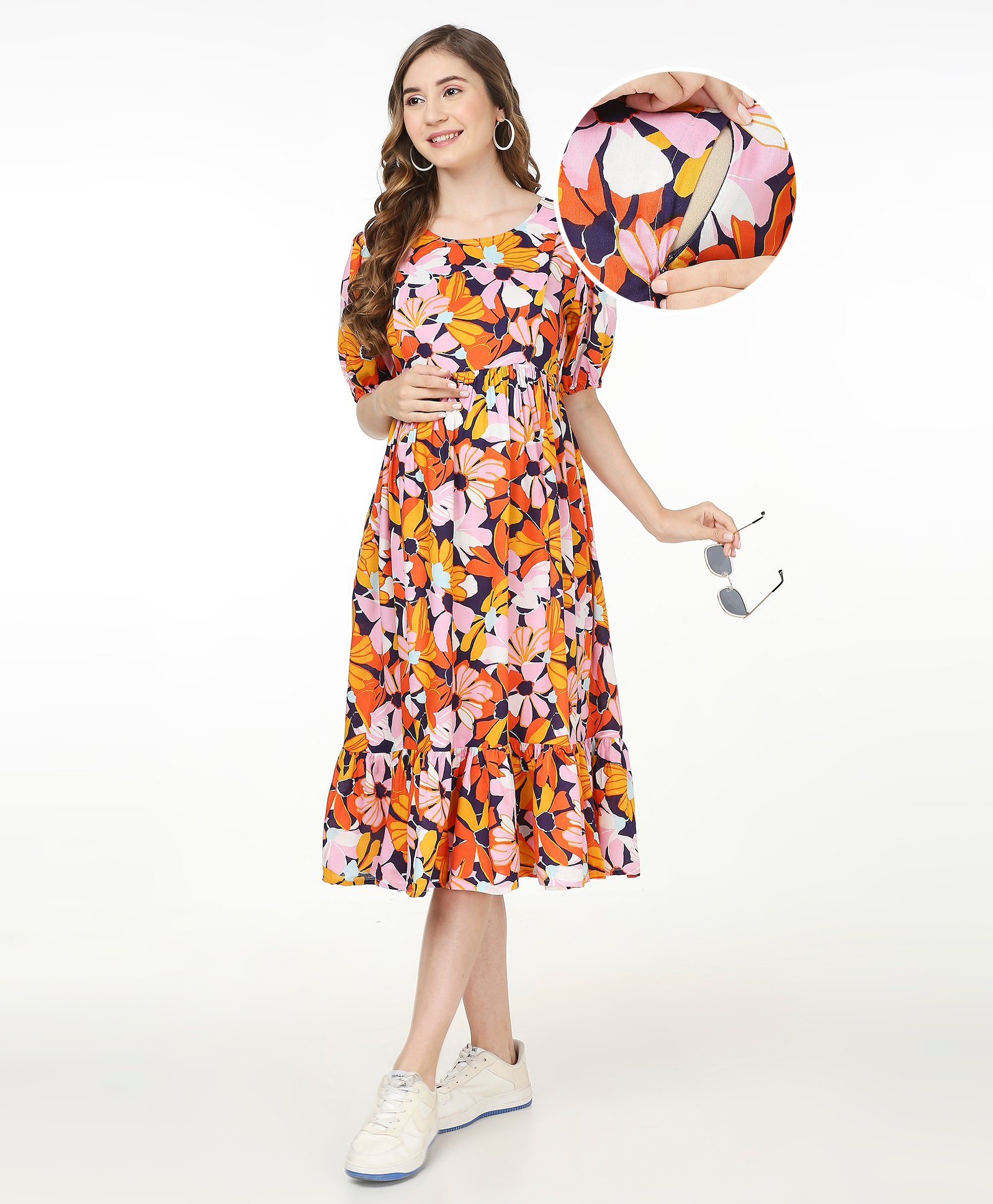 Bella Mama Woven Ballon Sleeves Flower Printed Maternity Dress With Pocket - Multicolor-image-40