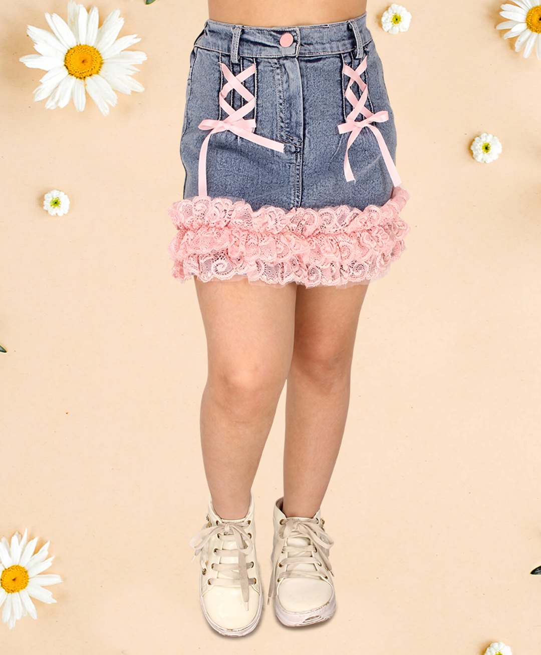 Cutecumber Floral Lace Embellished A Line Denim Skirt - Blue-image-34