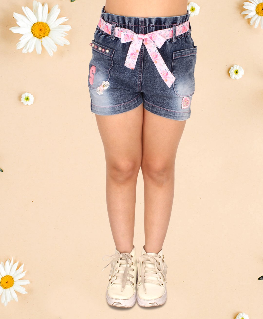 Cutecumber Floral & Pearl Embellished Denim Shorts - Blue-image-29