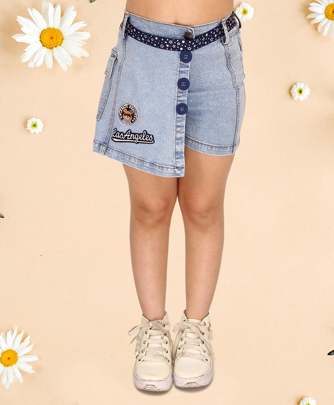 Cutecumber Bear Patch Embellished Warp Style Shorts - Blue-image-26