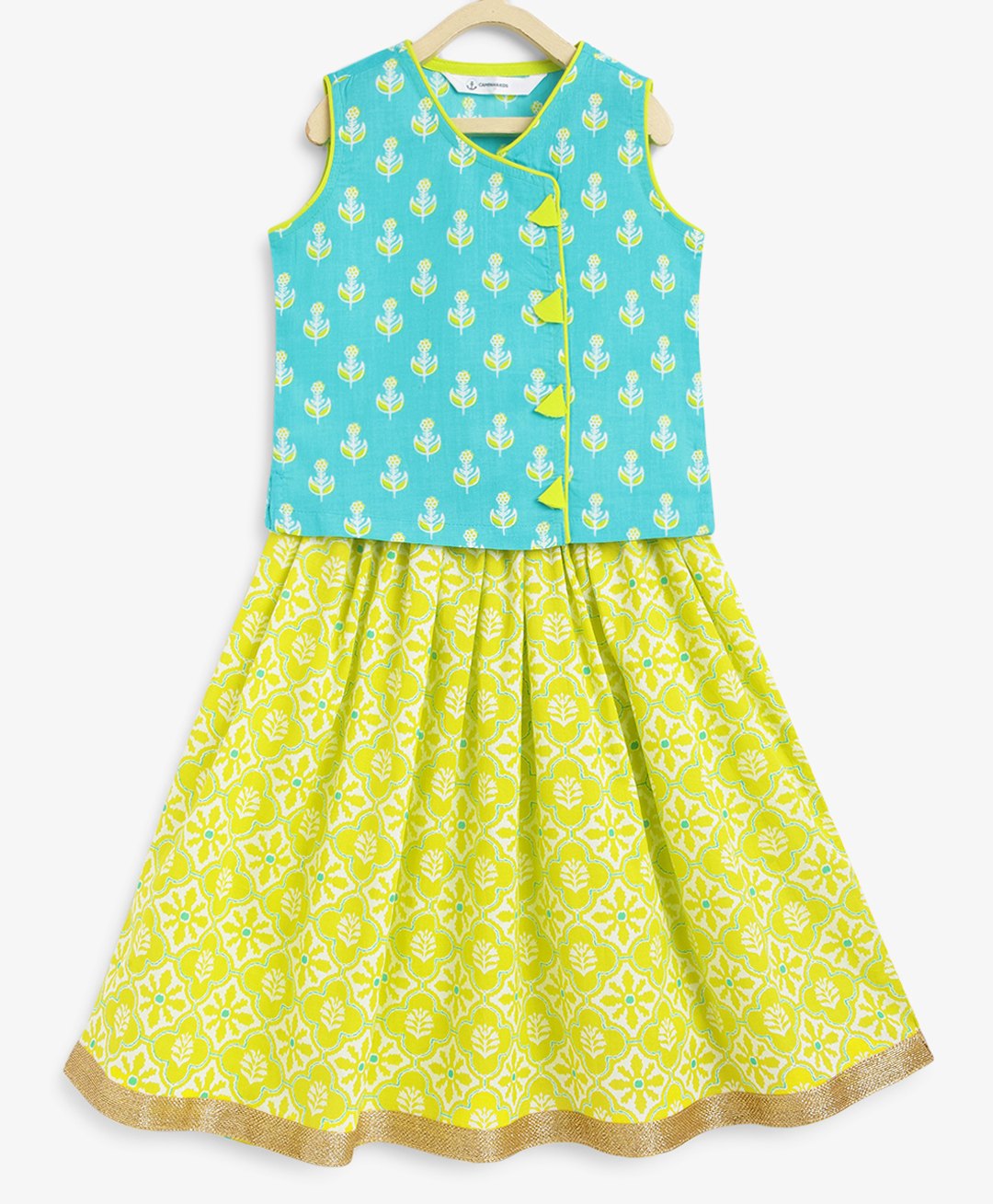 Campana 100% Cotton Sleeveless Floral Printed & Lace Embellished Choli & Lehenga Set - Turquoise & Lime Green-picture-9