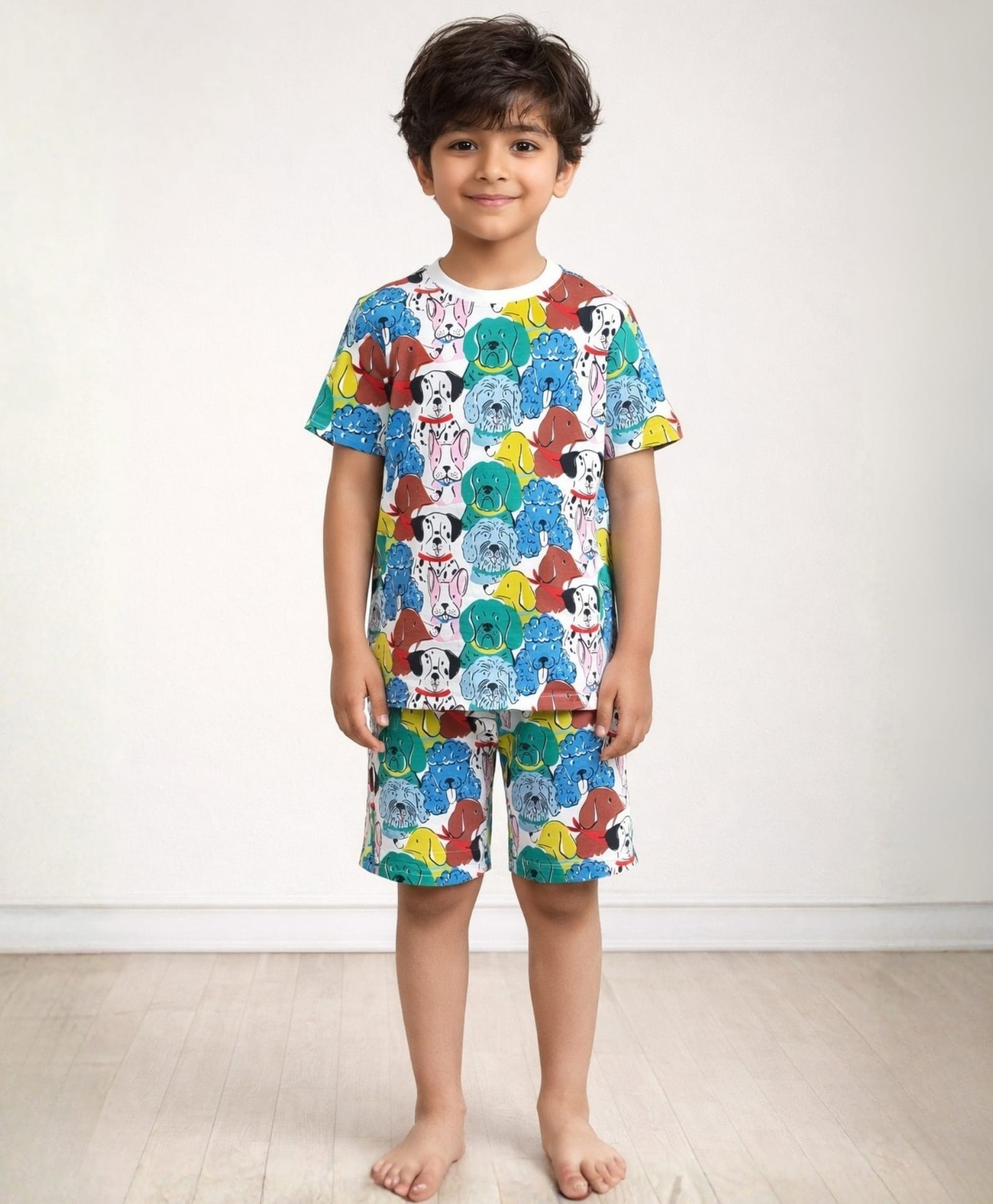 Anthrilo Cotton Knit Half Sleeves Dogs Printed Coordinating Night Suit - White-image-25