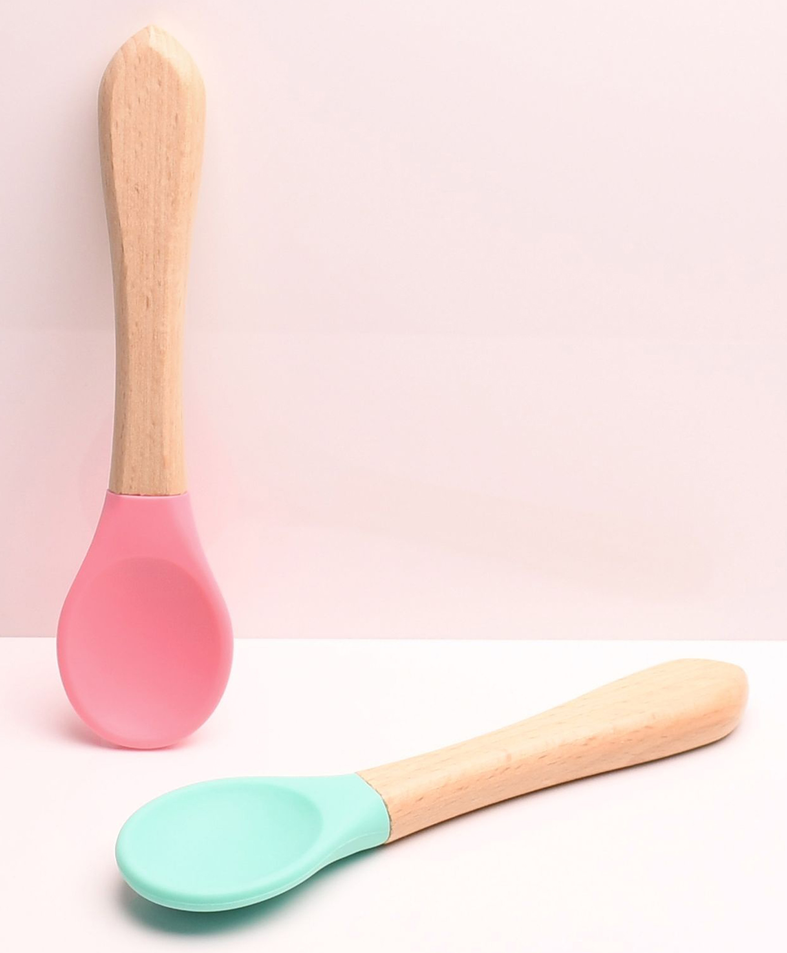 THE LITTLE LOOKERS Silicone Spoon with Bamboo Handle, BPA Free Feeding Spoons for Baby/Kids/Toddlers - Pink & Green (Pack of 2)-picture-38