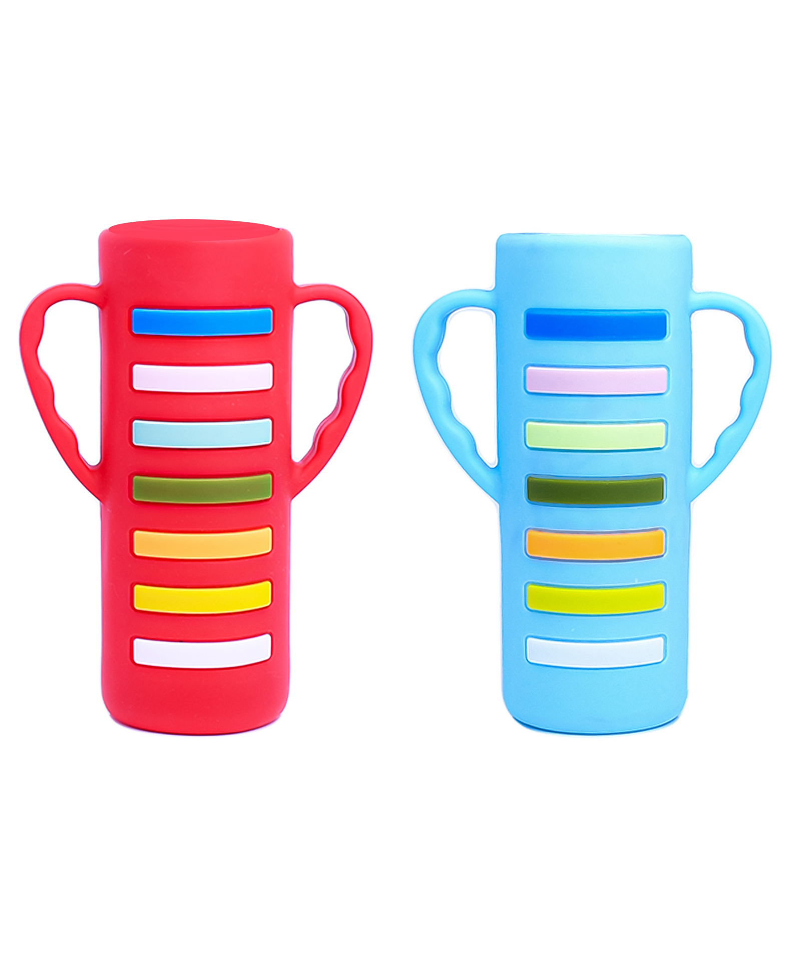 THE LITTLE LOOKERS Baby Bottle Cover with Handle/ Silicone Warmer Cover for Baby/Newborn/Infants/Toddlers - 240ml Red & Blue-picture-34