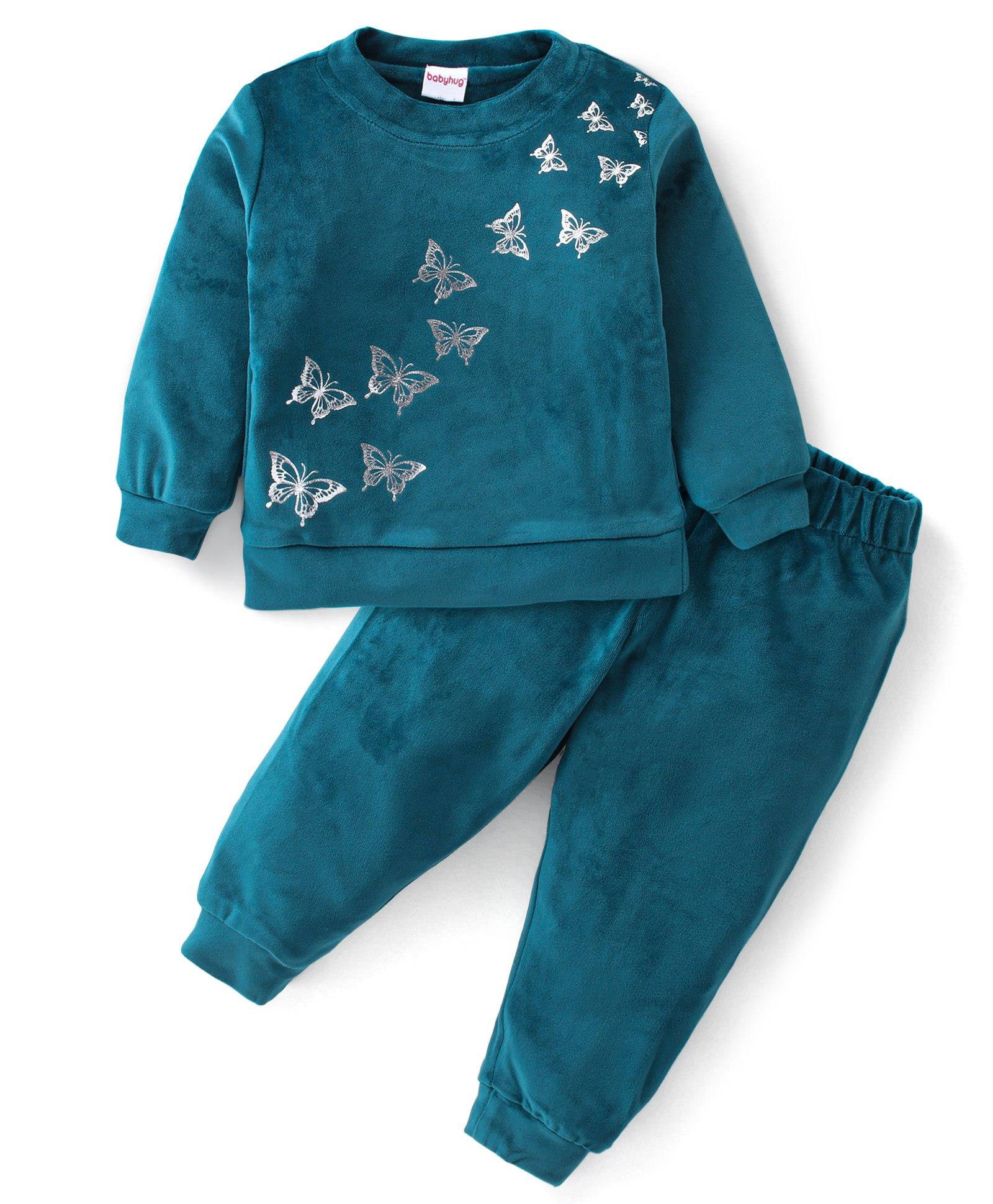 Babyhug Velour Full Sleeves Winter Wear Suit Butterfly Print - Teal Green-image-33