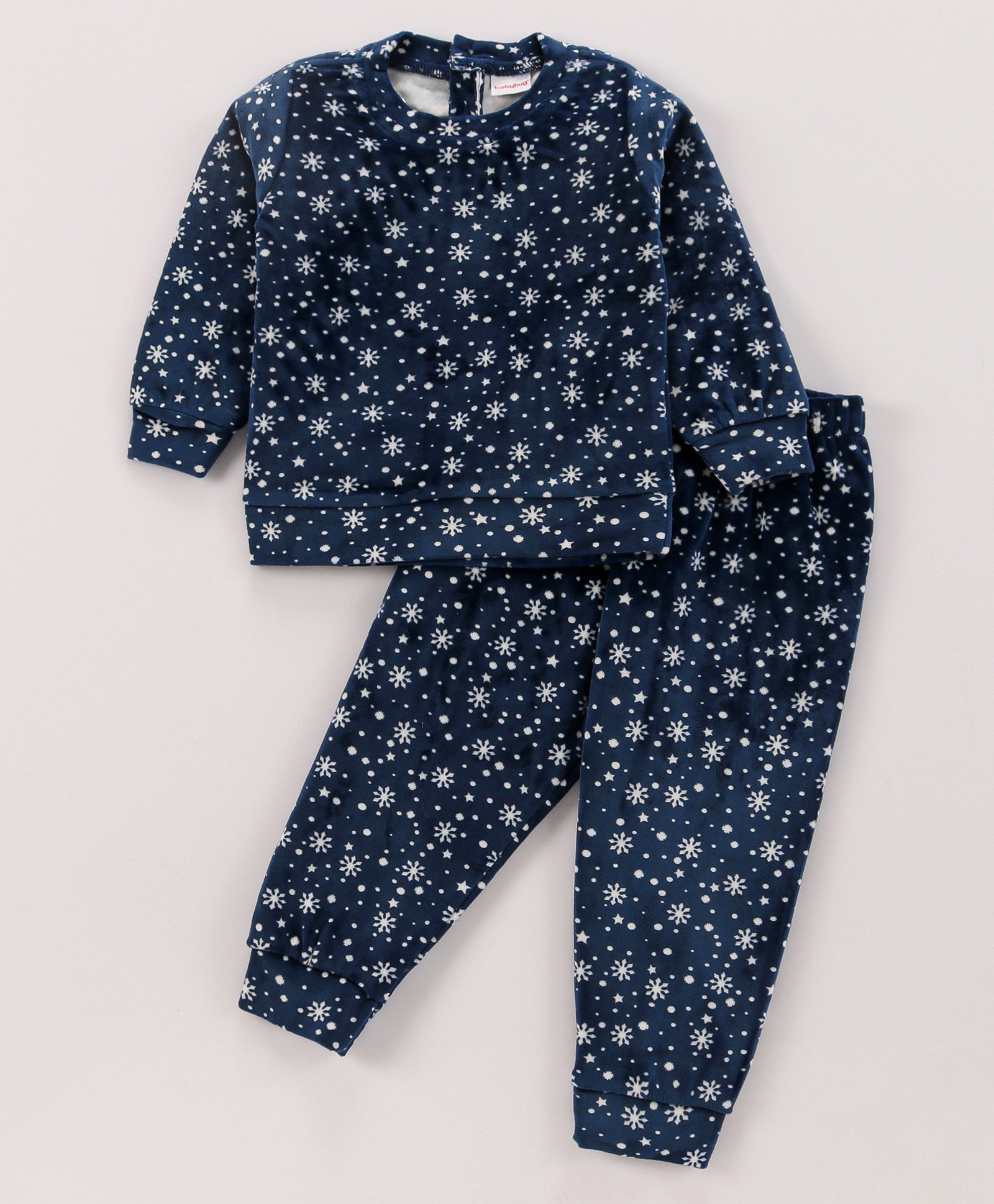Babyhug Velour Woven Full Sleeves Winter Wear Co-Ord Set With Snow Flakes Print - Navy-image-16