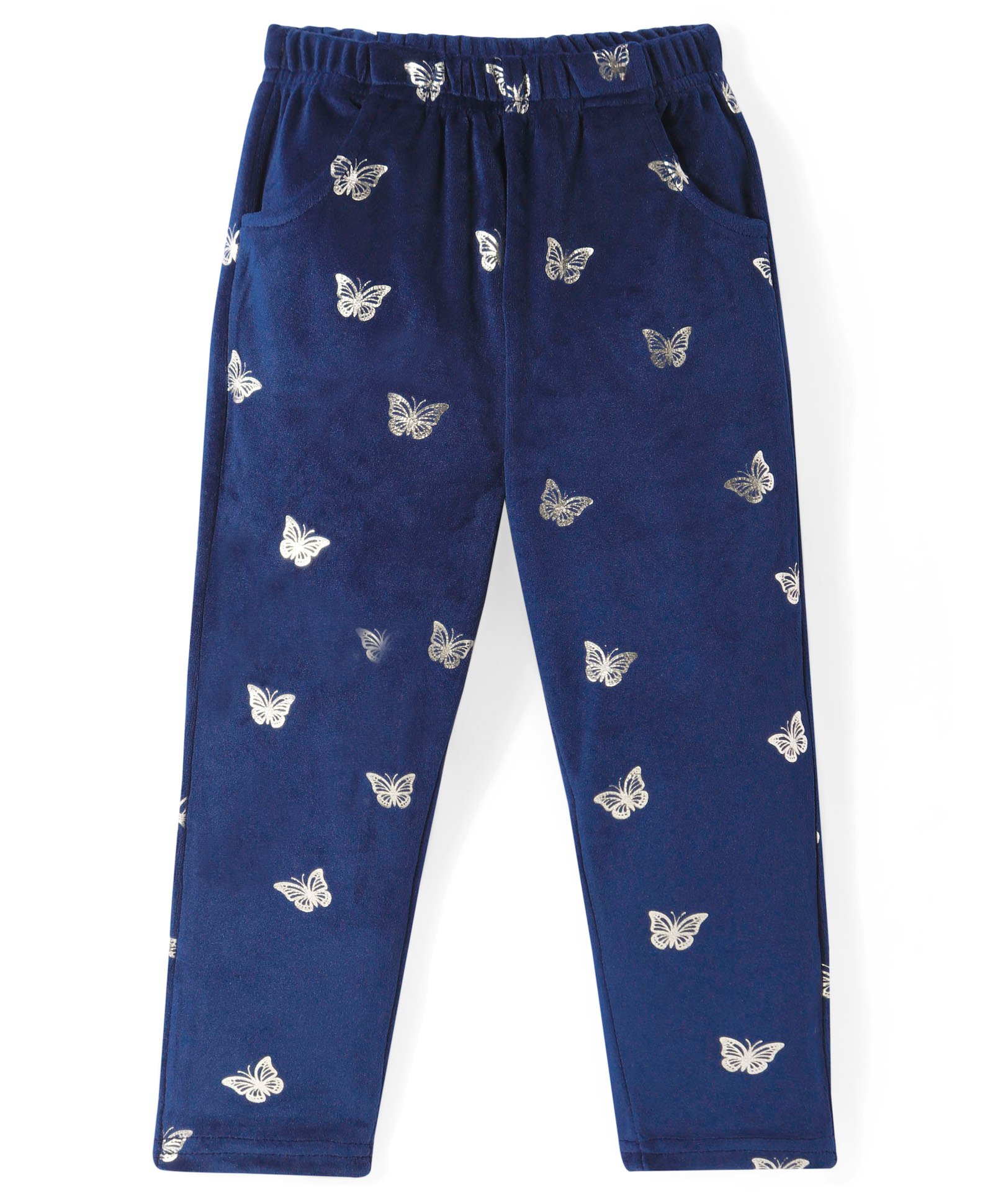 Babyhug Full Length Fleece and Woollen Lounge Pant With Butterfly Design - Navy Blue