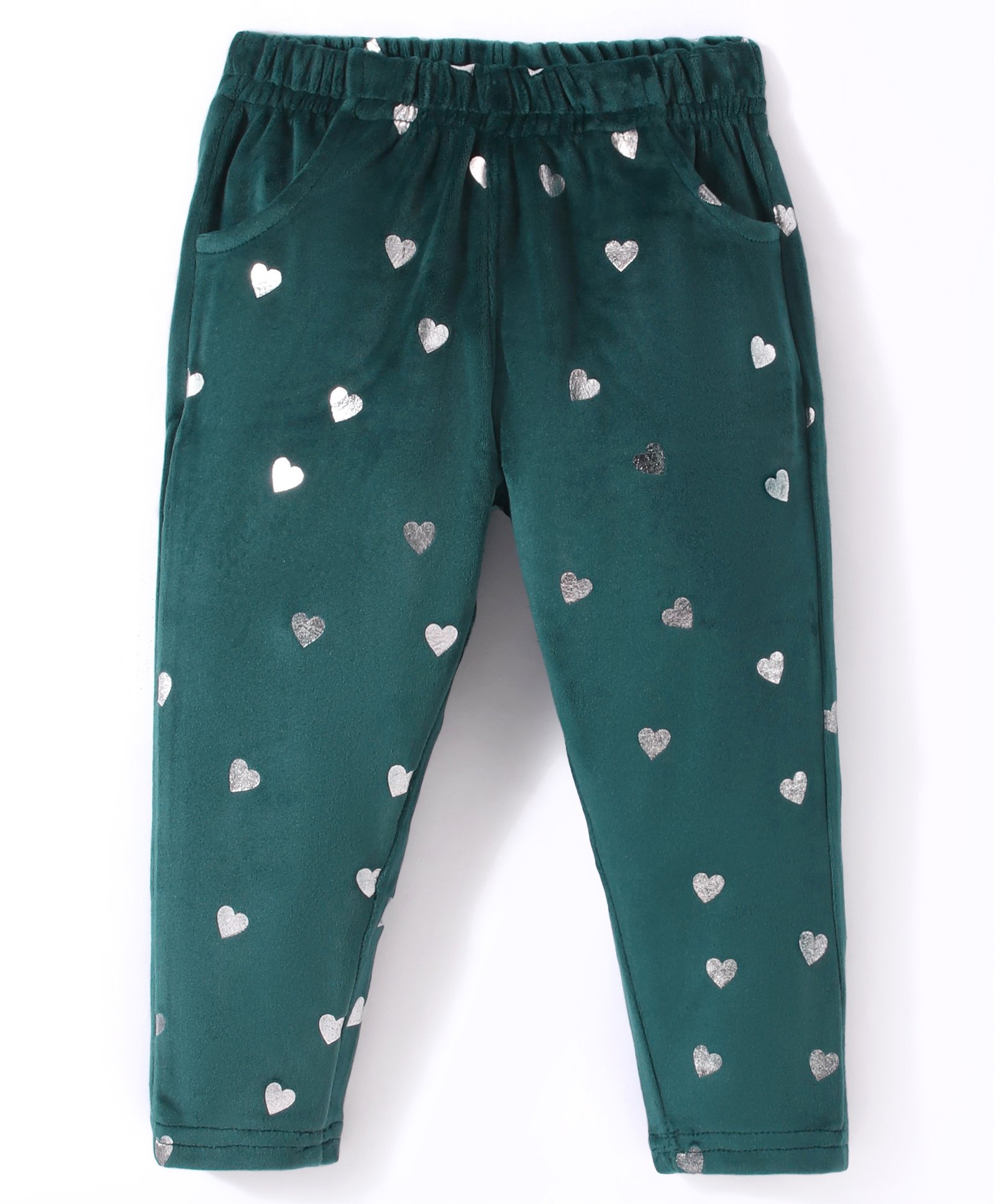 Babyhug Full Length Fleece and Woollen Lounge Pant With Hearts Design - Olive Green-picture-22