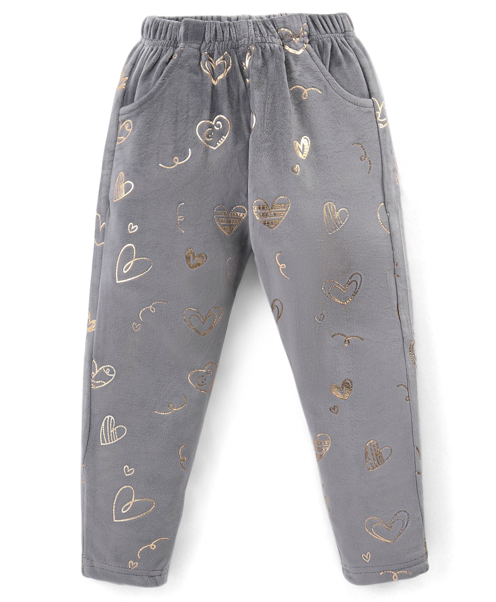 Babyhug Velour Knit Full Length Fleece & Woollen Pant with Hearts Print - Grey-image-48