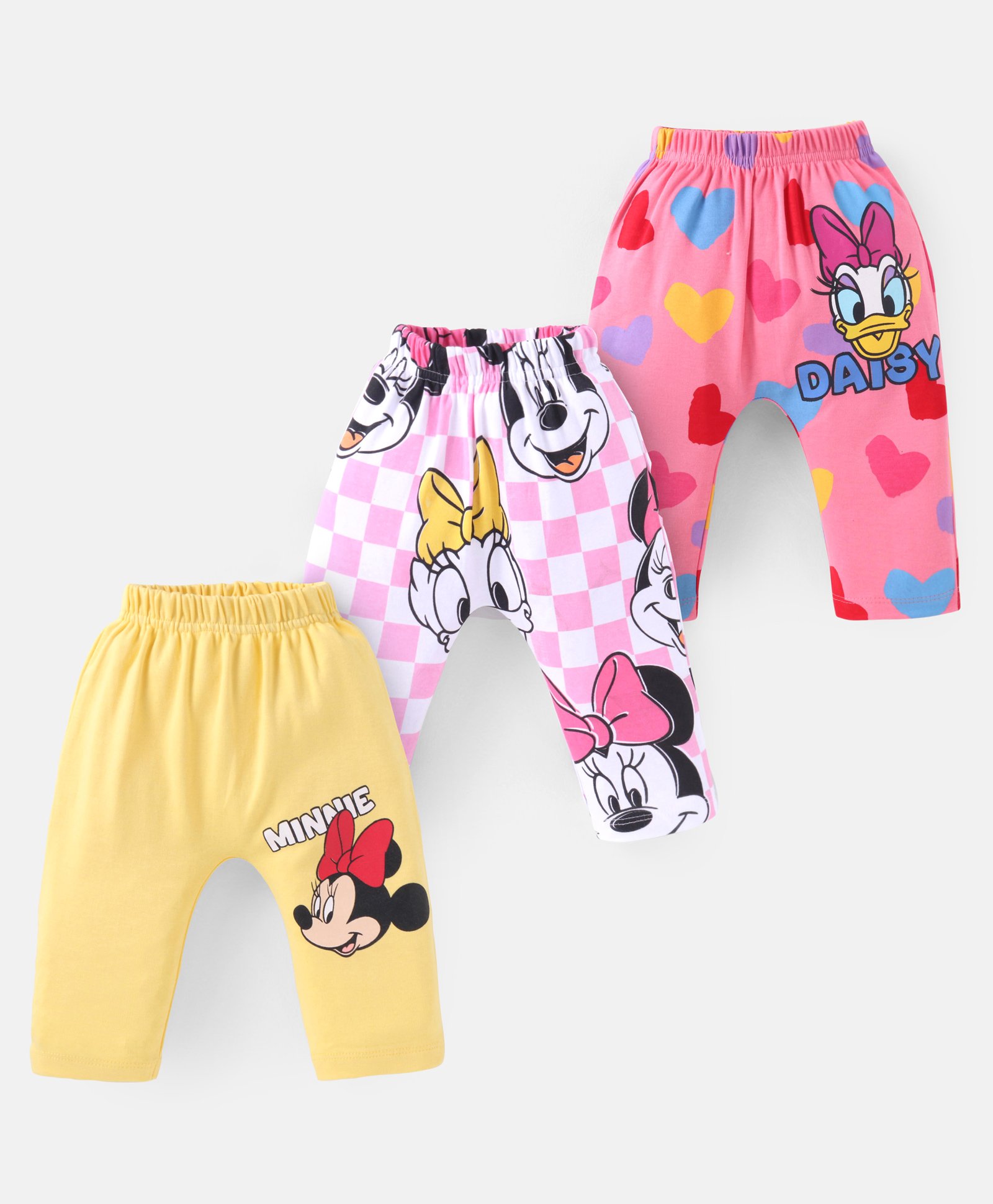 Babyhug Disney Cotton Knit Full Length Diaper Leggings With Daisy Duck & Minnie Mouse Graphics Pack Of 3 - Baby Pink Mustard & Pink-image-33