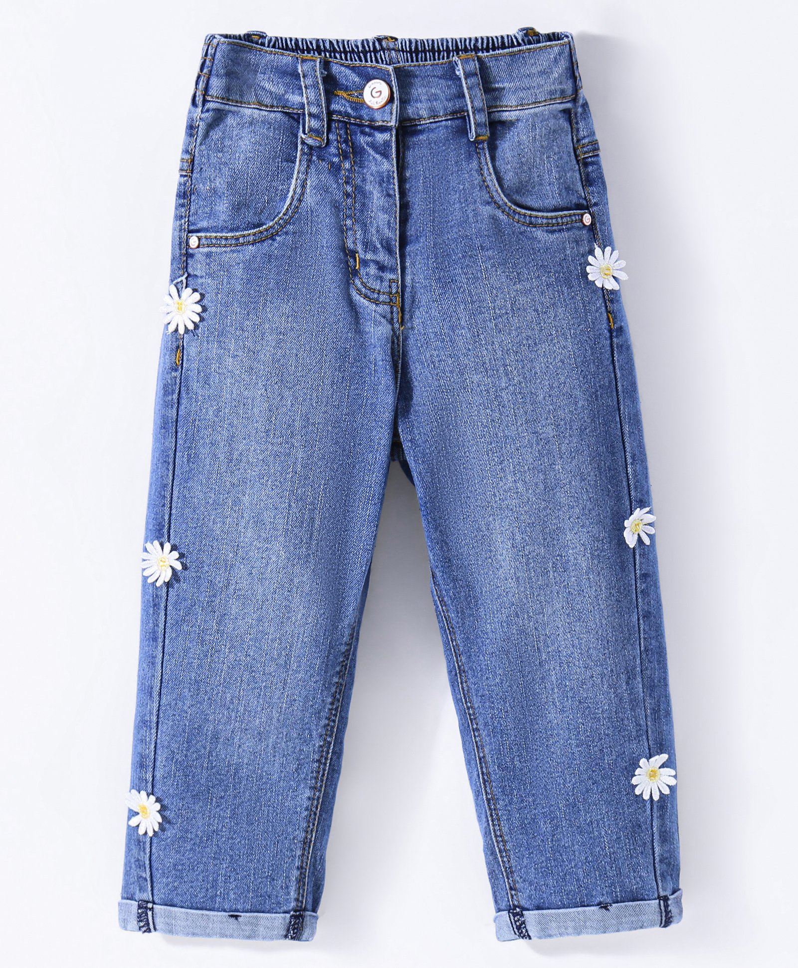 Little Kangaroos Denim Full Length Washed Jeans With Floral Applique - Light Blue-picture-21