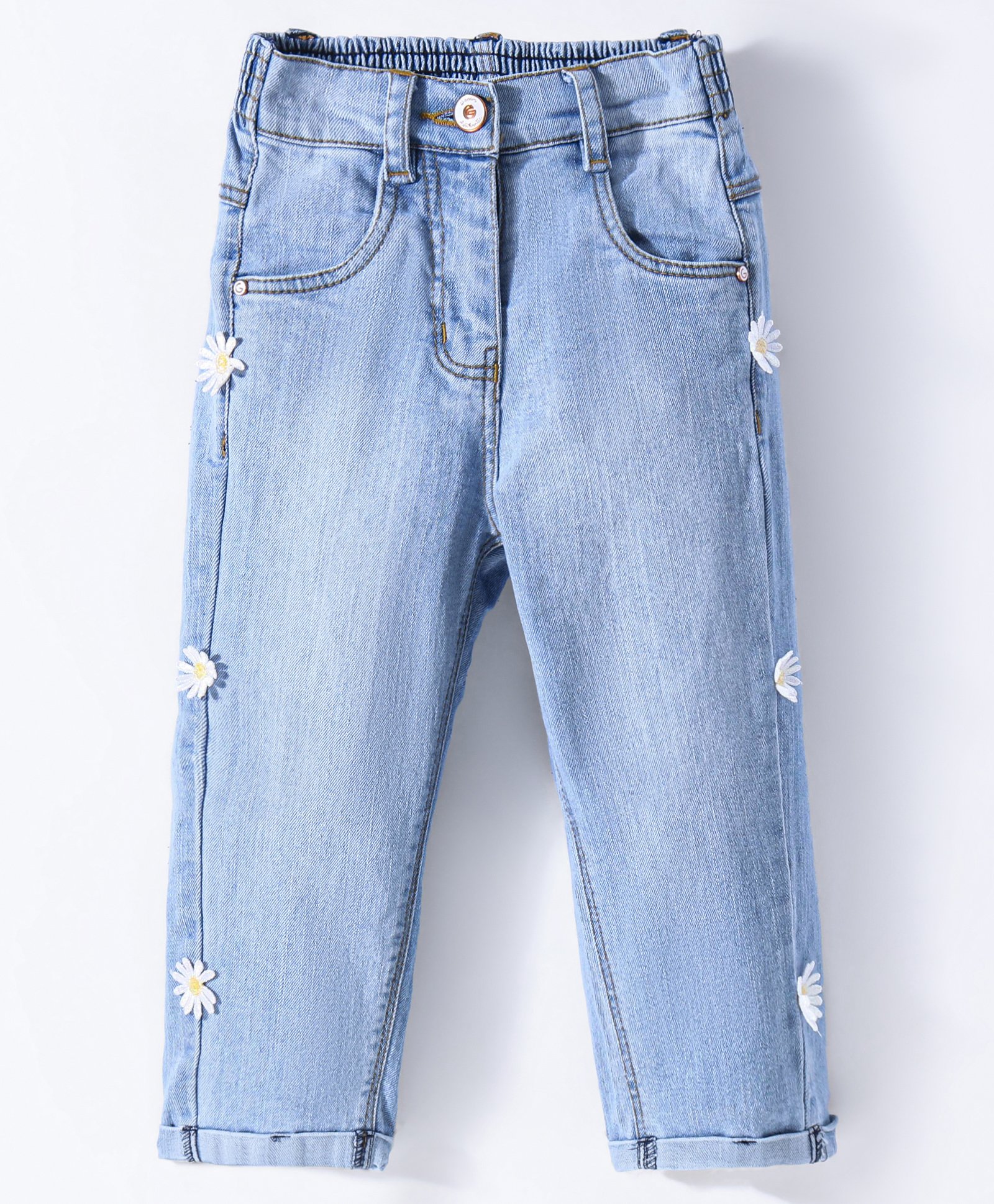 Little Kangaroos Denim Full Length Washed Jeans With Floral Applique - Blue-picture-15