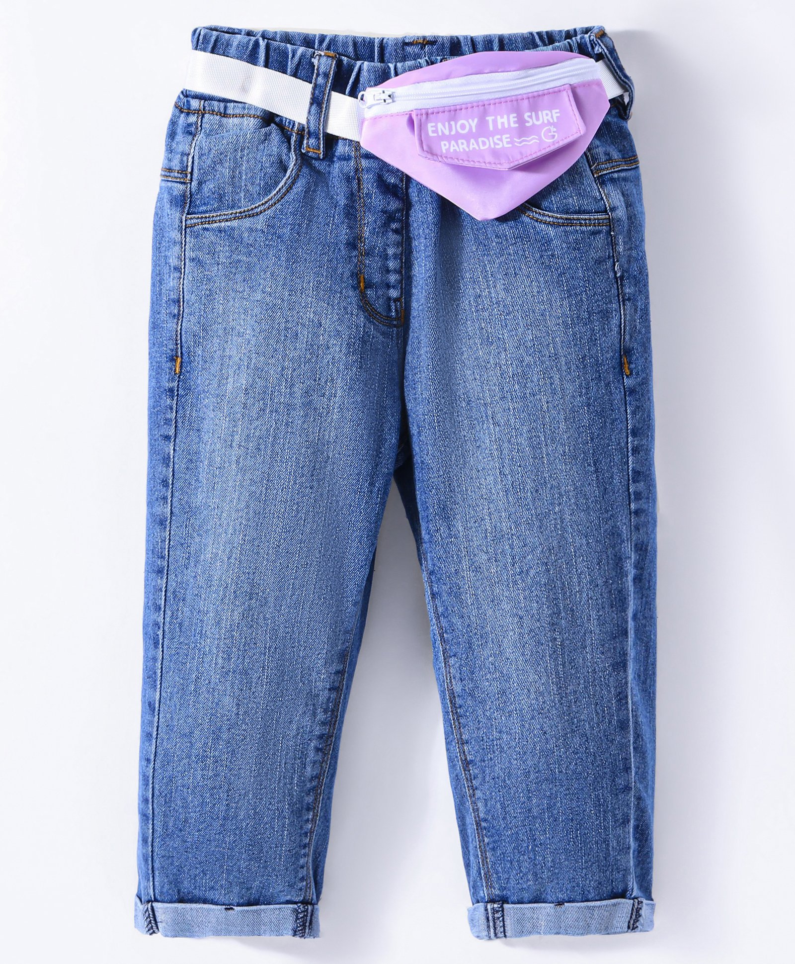 Little Kangaroos Denim Full Length Washed Jeans With Waist Bag- Light Blue-picture-13