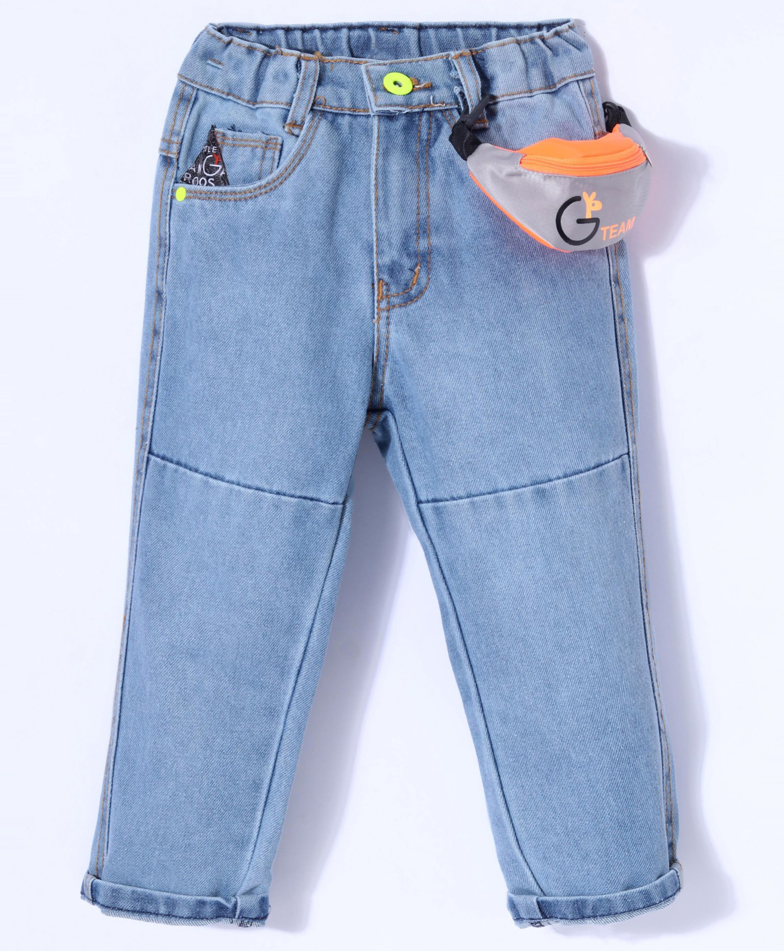 Little Kangaroos 100% Cotton Woven Full Length Washed Denim Jeans with Bag - Medium Blue-picture-33
