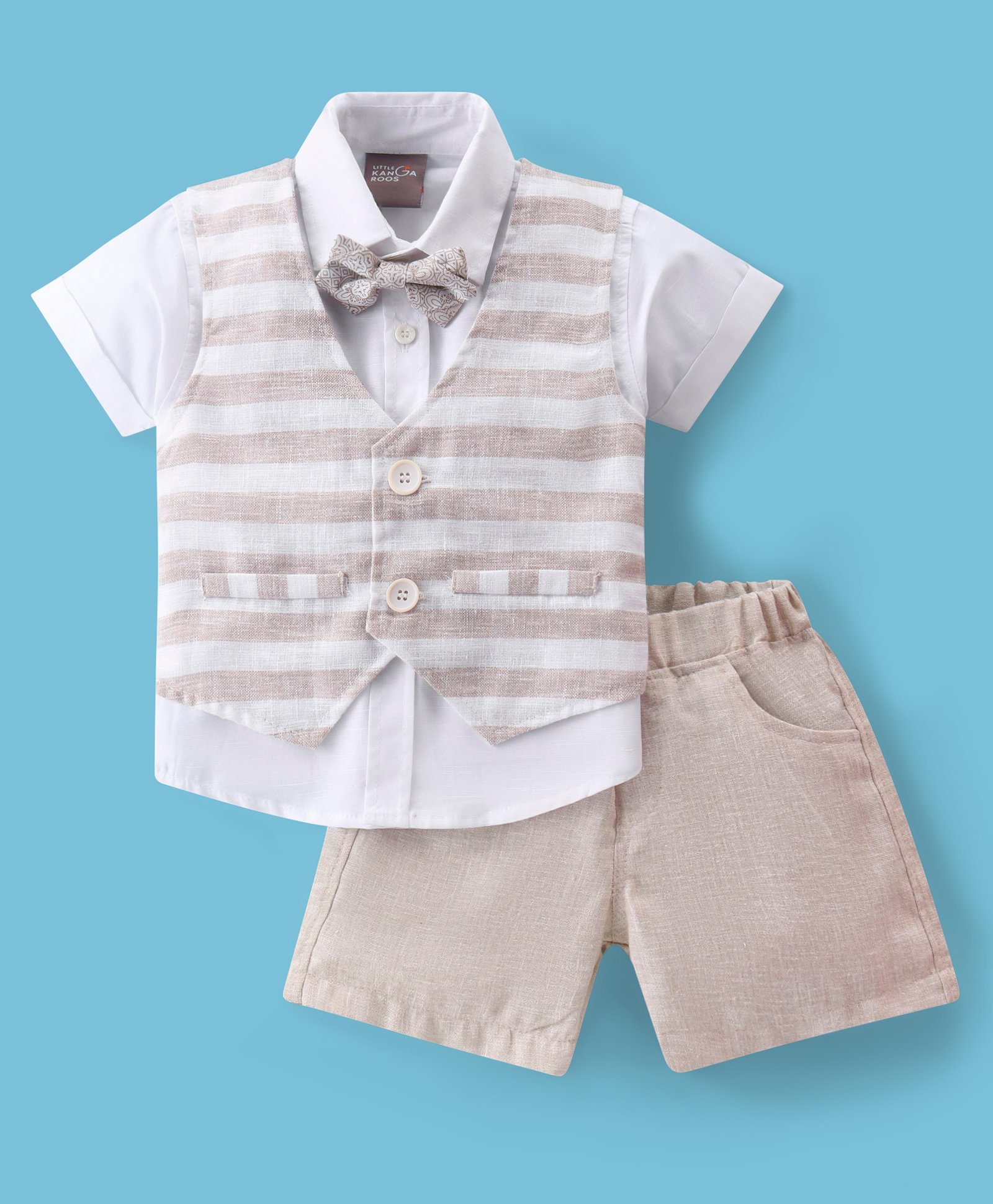 Little Kangaroos 100% Cotton Knit Half Sleeves Shirt & Shorts Set with Bow & Striped Waist Coat - Beige-picture-22