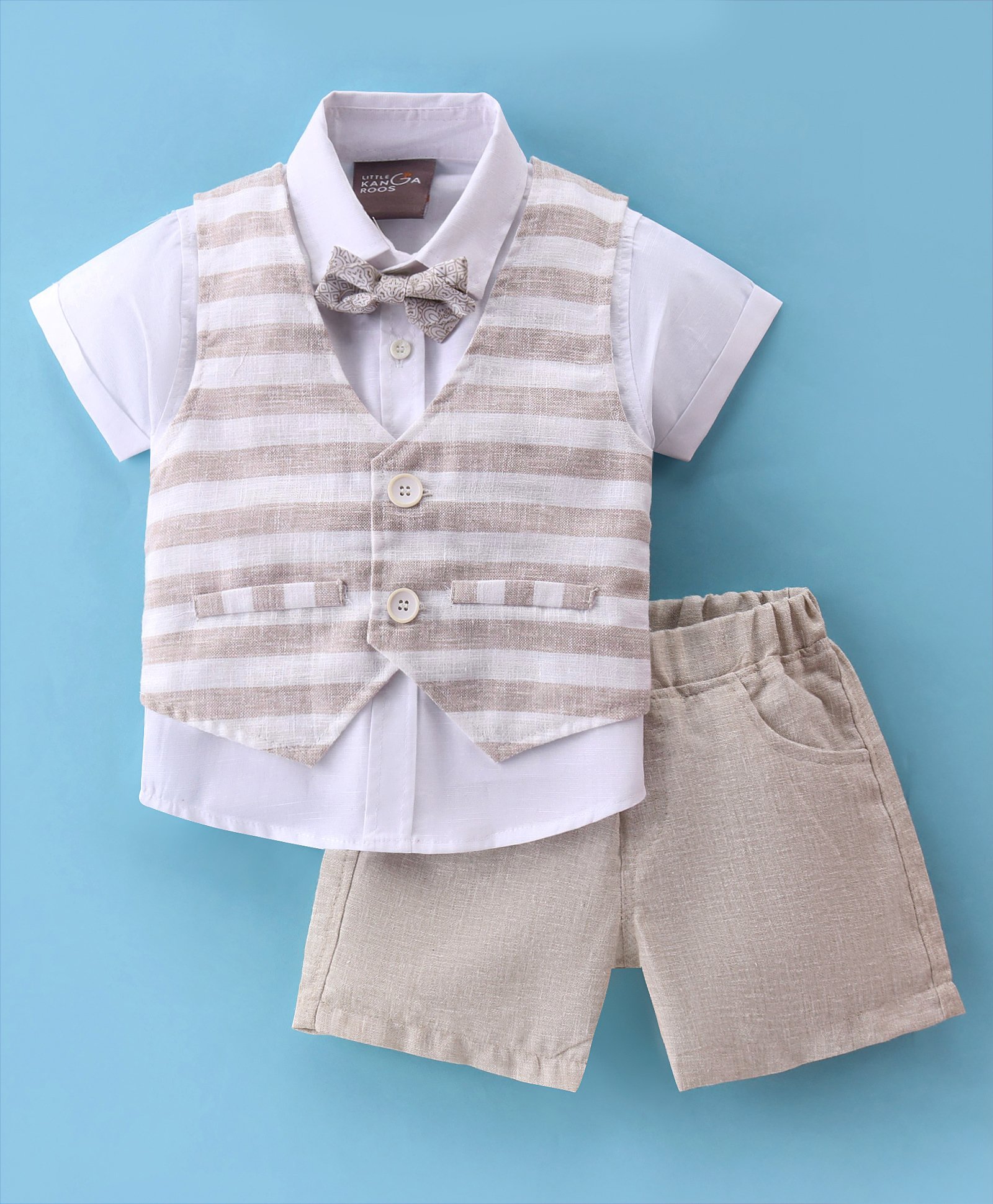 Little Kangaroos 100% Cotton Half Sleeves Shirt with Bow, Striped Waistcoat & Shorts Set - Khaki-image-5