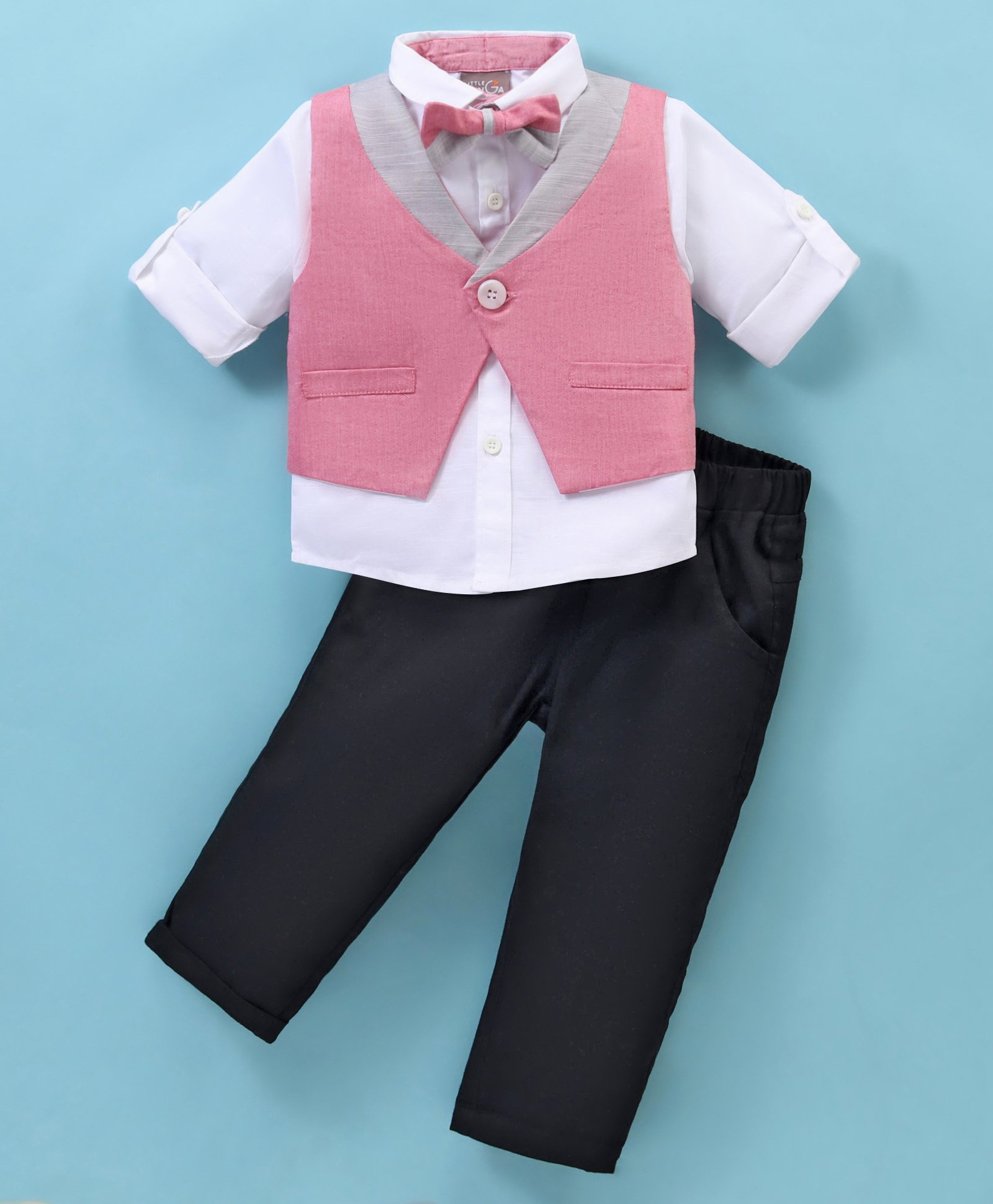 Little Kangaroos Textile Woven Full Sleeves Shirts & Shorts with Waist Coat & Bow - Red-image-25