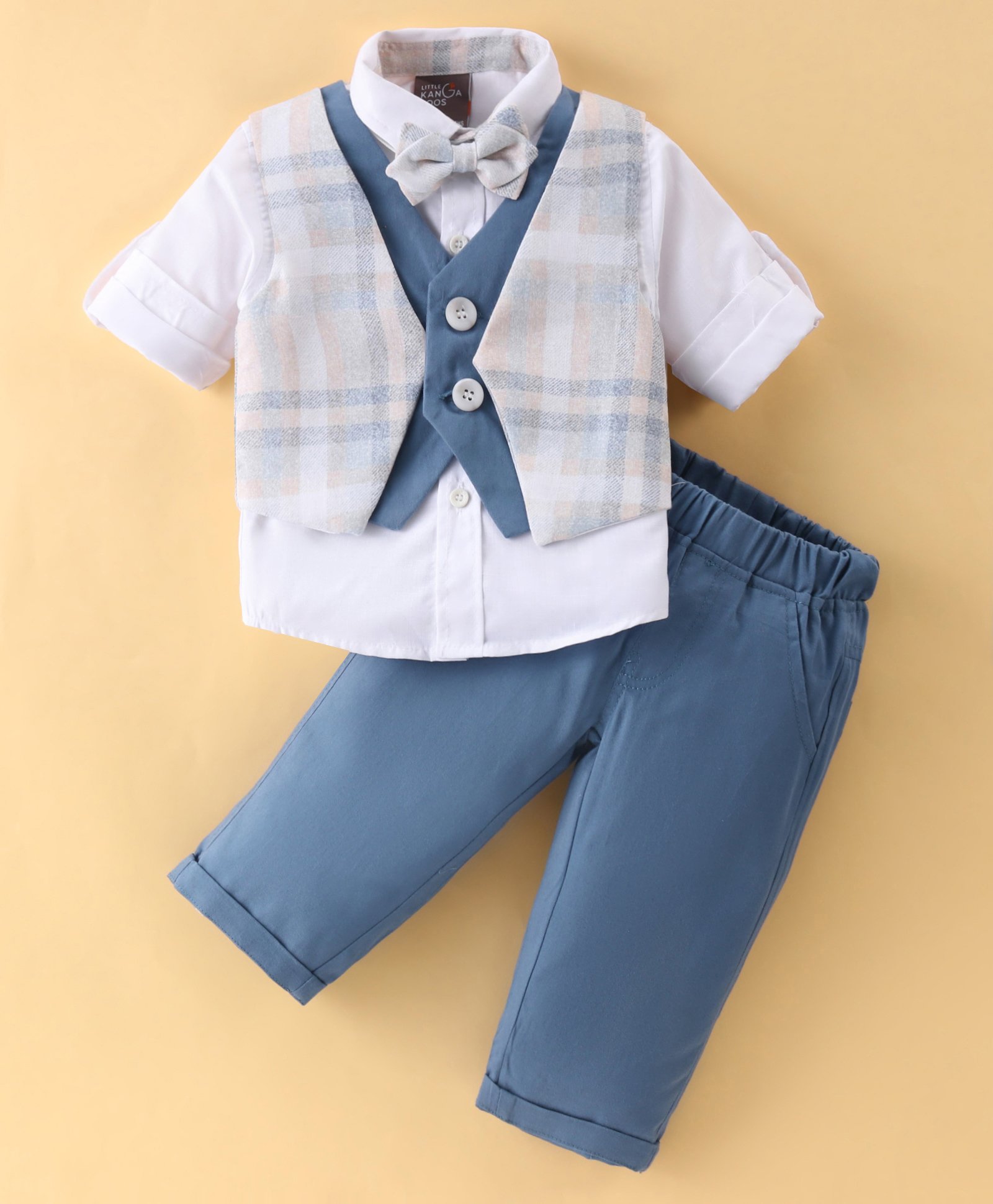 Little Kangaroos 100% Cotton Full Sleeves Checks 3 Pieces Party Suit -Blue-image-25
