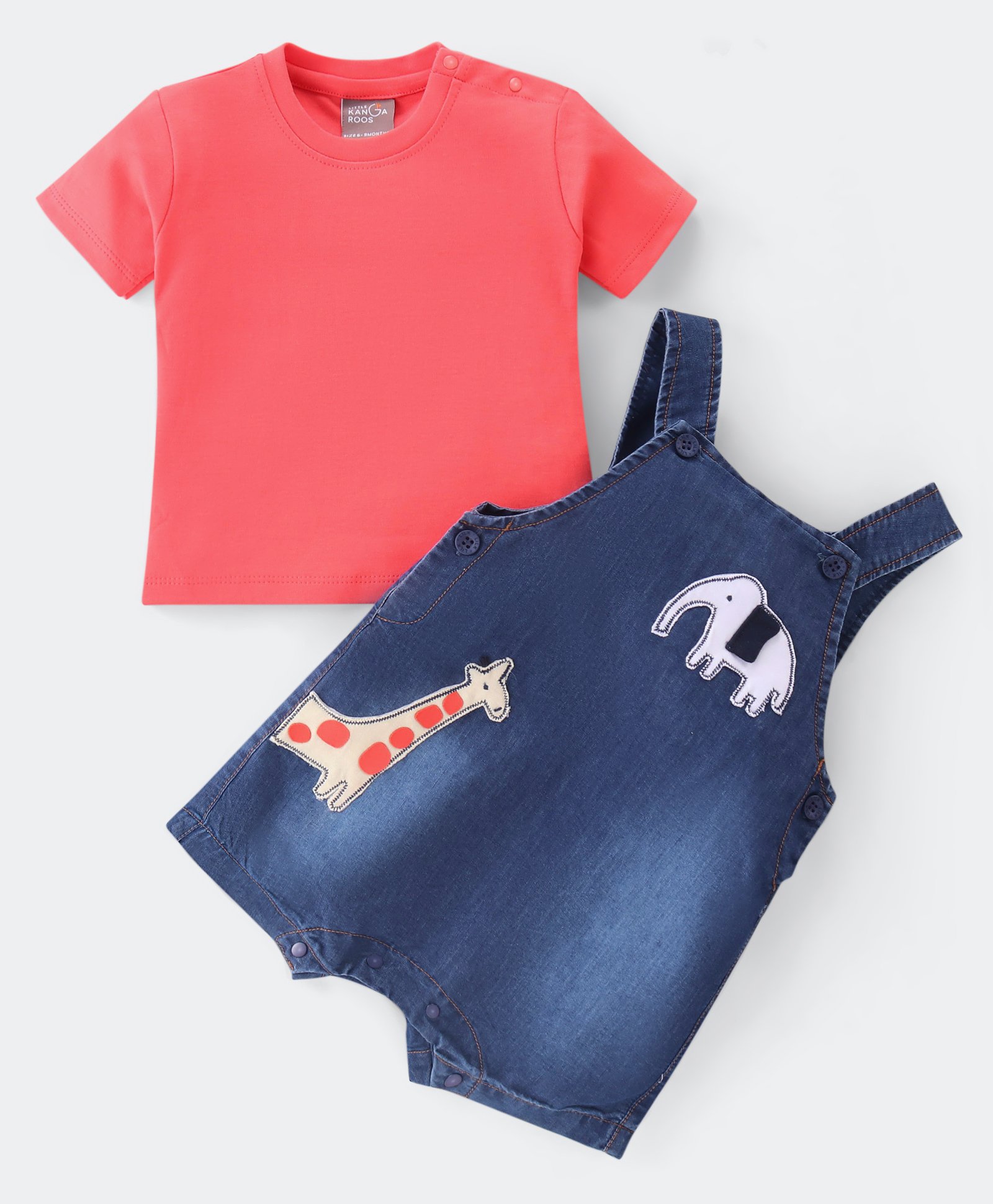Little Kangaroos 100% Cotton Knit Half Sleeves T-Shirt & Dungarees Set with Animal Patch - Dark Blue-image-28