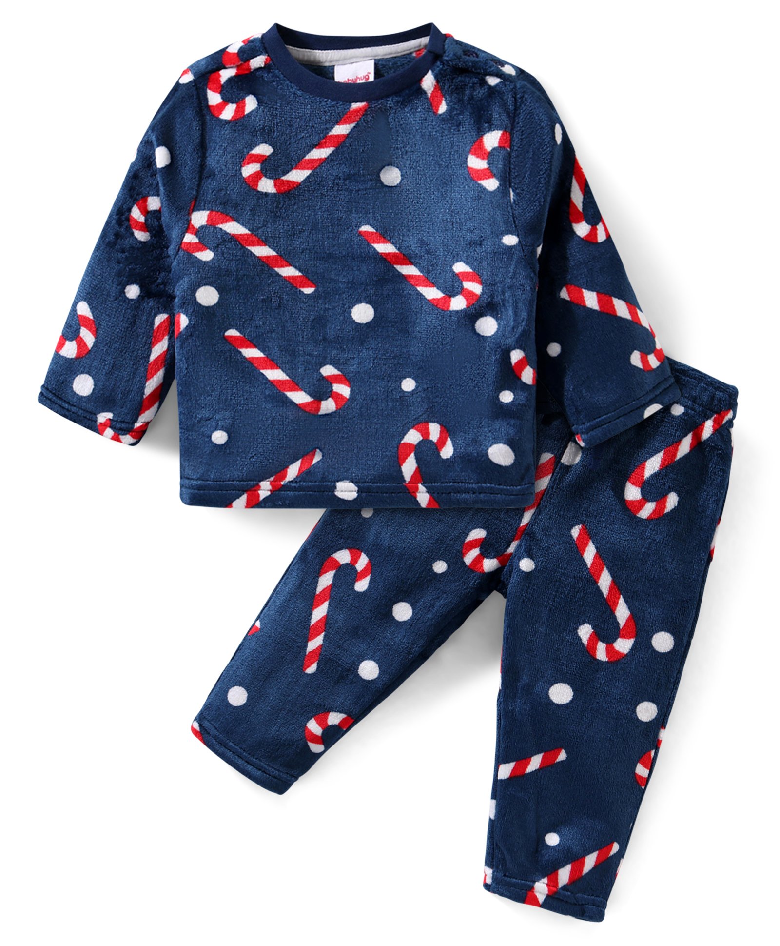 Babyhug Fur Woven Full Sleeves Winter Wear Suit With Candy Cane Print - Navy-image-41